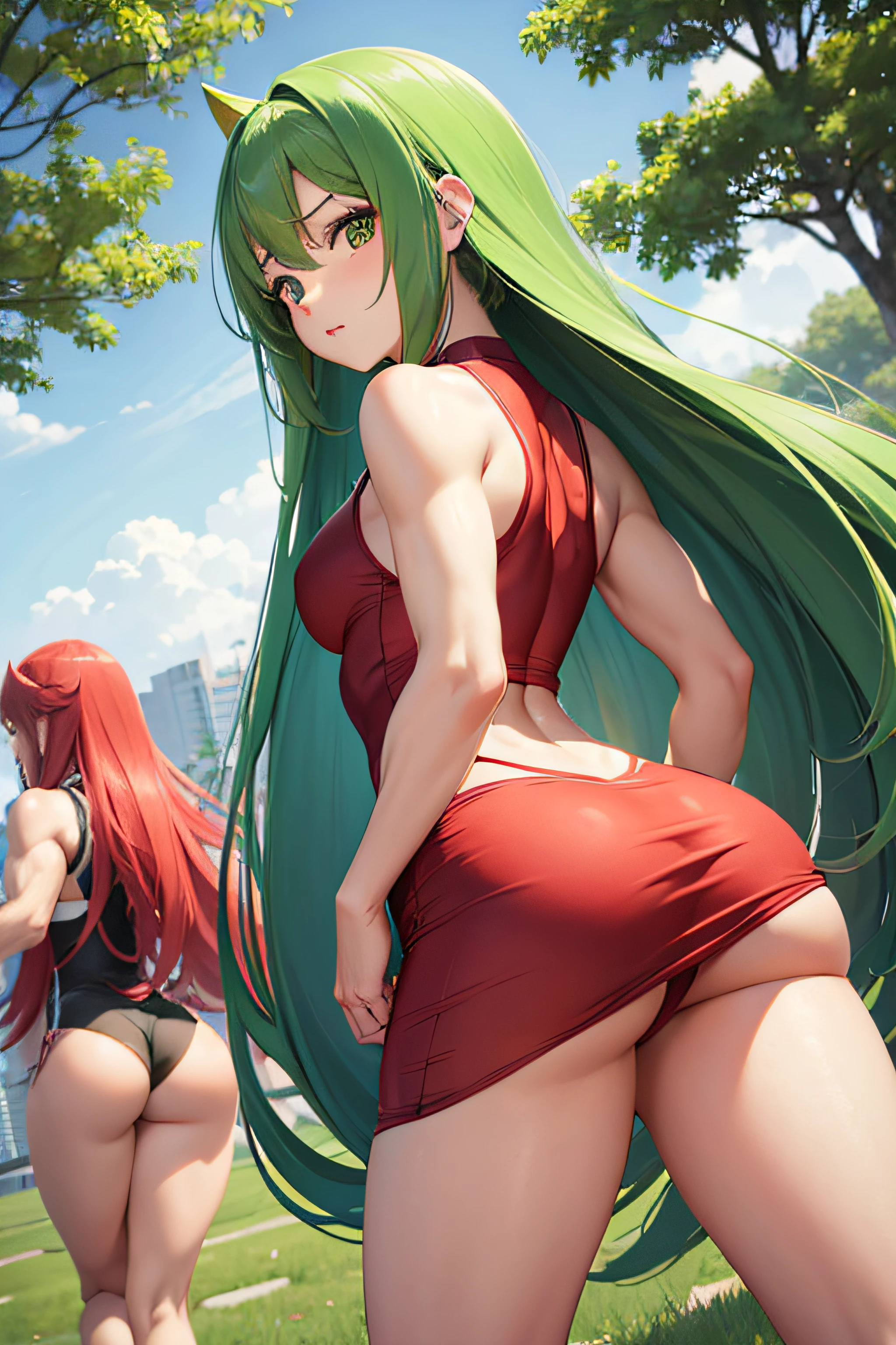 cute anime girl , with muscular thighs and fitness body big jelly butt , squad pose and looking back with expression feeling of love, camera shot from the side , red and green long hair , full body , wearing thin dress