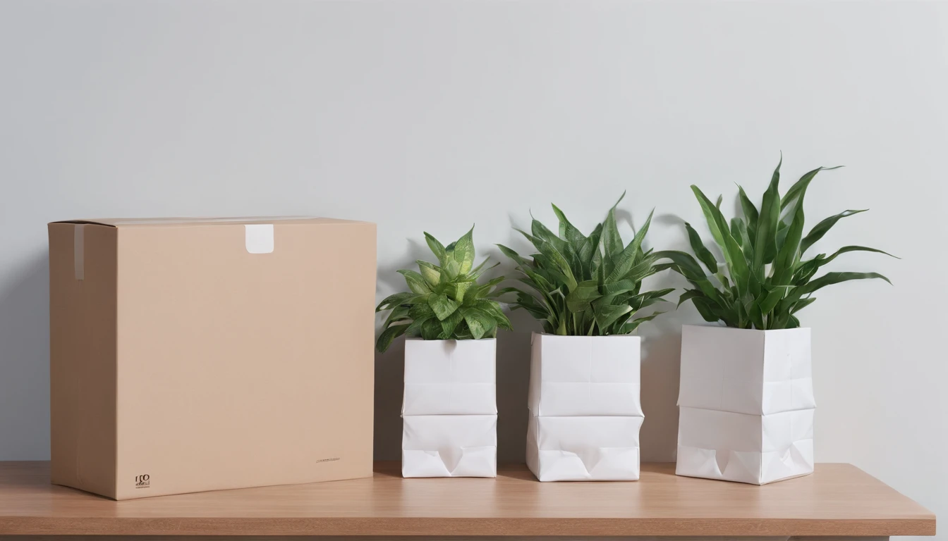 3 boxes of packages left at a front door. Plants visible in the frame, beautiful warm sunny day. Soft light focus
