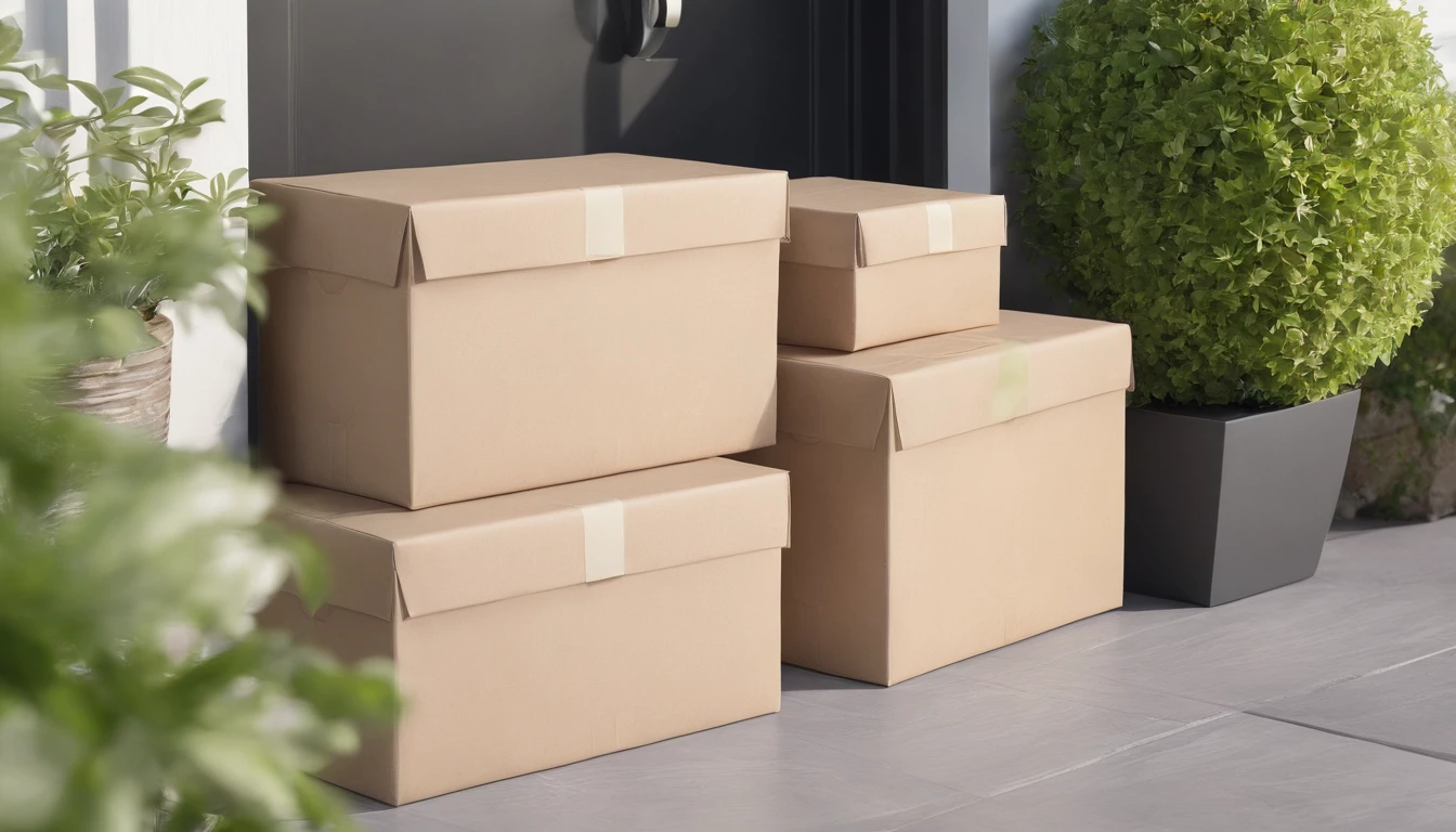 3 boxes of packages left at a front door. Plants visible in the frame, beautiful warm sunny day. Soft light focus