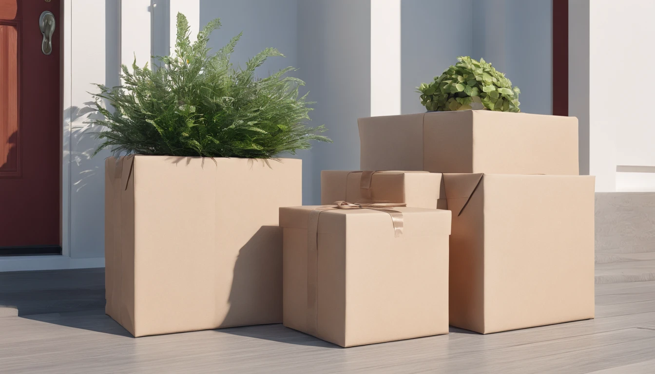 3 boxes of packages left at a front door. Plants visible in the frame, beautiful warm sunny day. Soft light focus
