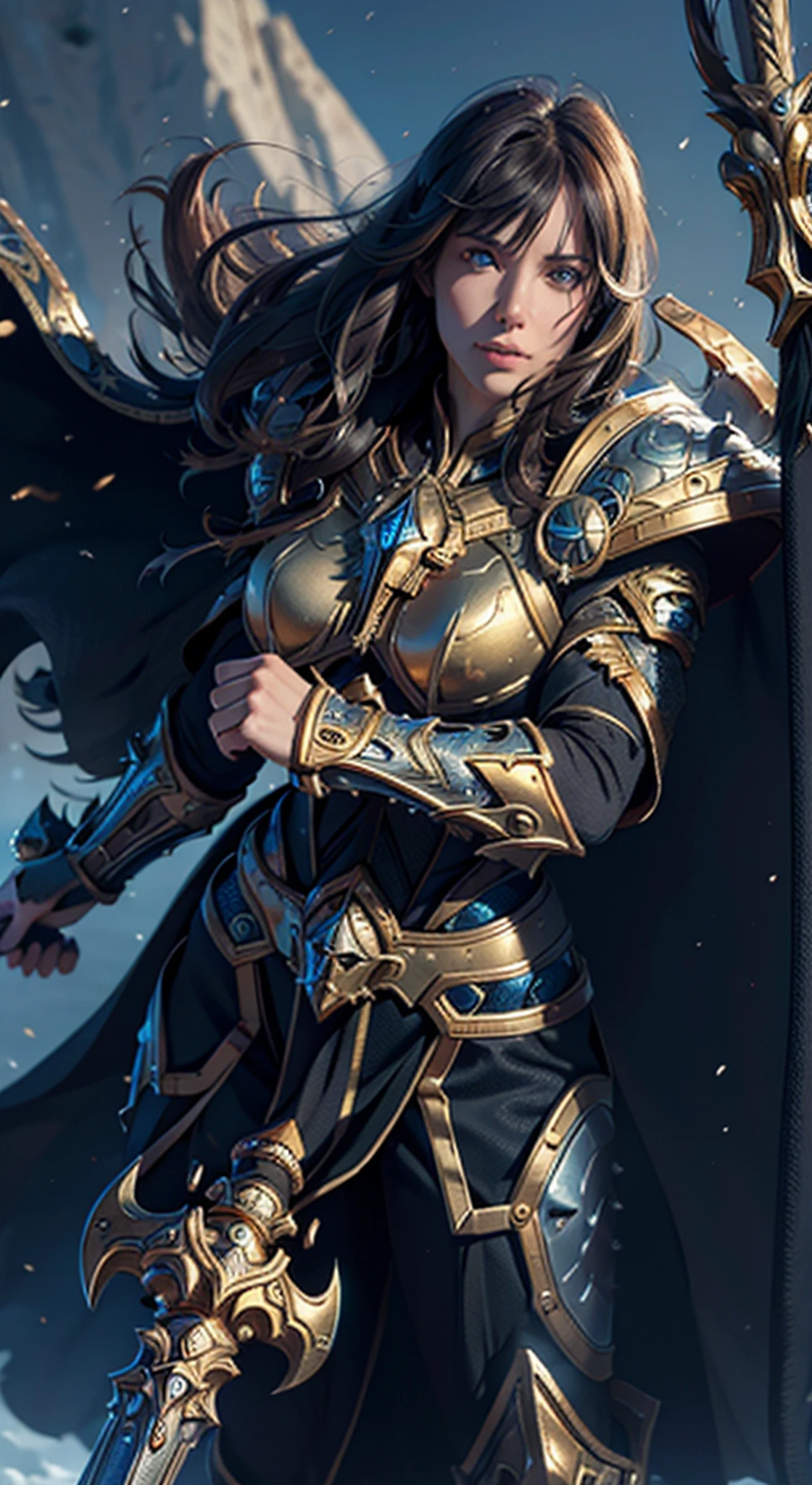 8k,ultra detailed, masterpiece, best quality, (extremely detailed), dynamic angle, Mysterious expression, wind effect, fantasy background, rim lighting, cinematic light, ultra high res, 8k uhd, film grain,best shadow, delicate, RAW, light particles, detailed skin texture, detailed armor texture, detailed face, intricate details, ultra detailed, bright, strong, golden armor, (holding hammer), smashing, smash action, pauldrons, glowing eyes, long cape, fantasy, (realistic), shoulder armor, complex, intricate, perfect lighting, looking at viewer, cinematic lighting, flying in sky,flying, holy light, vivid, bangs, windy