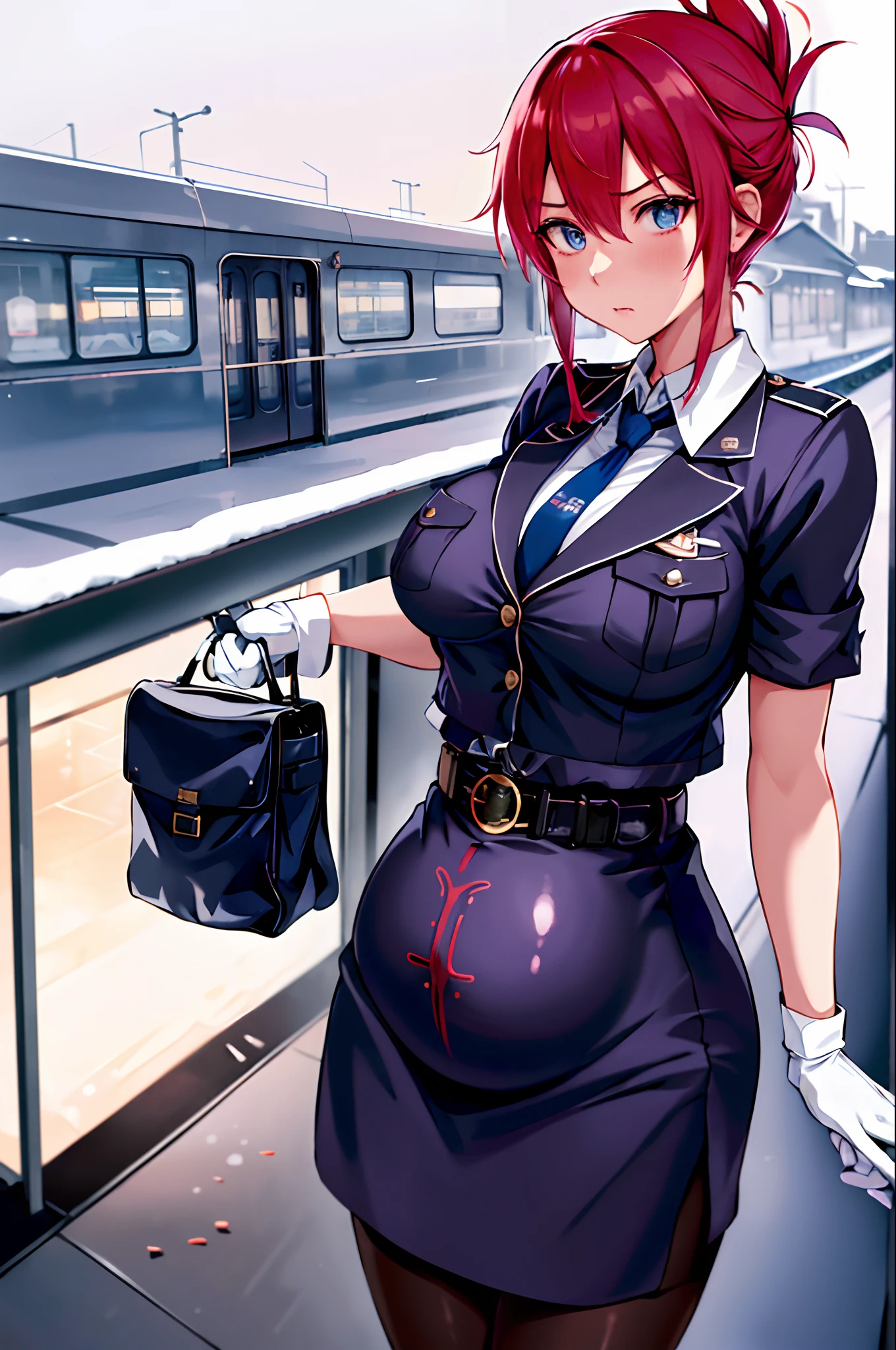 Best Quality, hight resolution, AOI1, 1girl in, Solo, Red hair, folded ponytail, Blue eyes, Skirt, neck tie, White Gloves, Police Uniform, Belt bag, Black pantyhose, Jacket, arm band, Large breasts, Cowboy Shot, Standing, Frustrated expression, Rape with seeds, Outdoors,be molested(Raped by a rapist on a train、Pregnant）Anatomically correct depiction of the human body）Becoming a mother with forced mother rape、Maternalization、Accept the rule of the rape demon、Aoi to become a mother、Aoi becomes motherly after accepting forced motherization rape