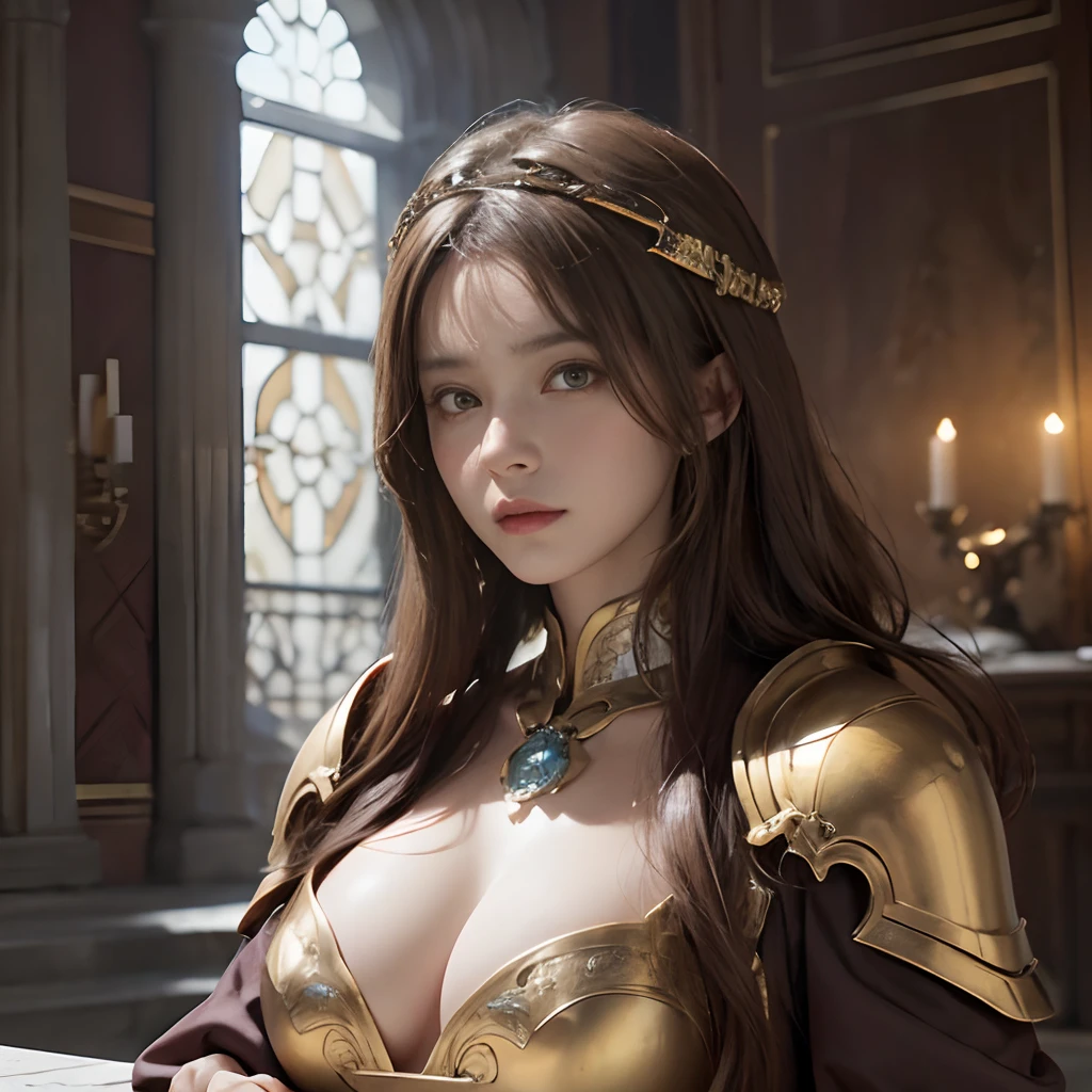 (absurderes, Intricate details, masutepiece, Best Quality, High resolution, 8K), 2 females, Thin, 年轻, aged up, masks, finely detailed eyes and face, low-faded hair of reddish-brown color,, Amber eyes, Portrait,  Looking at Viewer, Solo, Half shot, Detailed background, (Light Fantasy Theme:1.1),  Focusing, mercenaries,  Sunshine, Floating scrap,  Color Plate Armor, divine aura, Bright and realistic lighting, Marble castle, Intense atmosphere, circlet, coat of arms,  brazier,  , depth of fields, VFX、nsfw