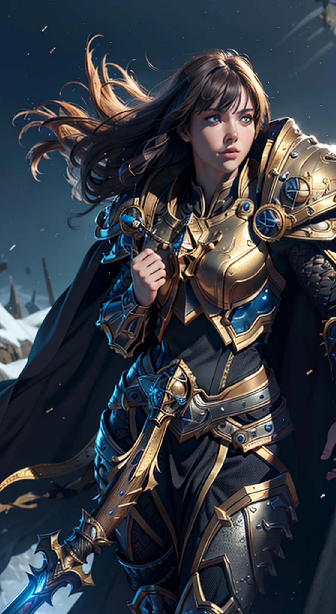 8k,ultra detailed, masterpiece, best quality, (extremely detailed), dynamic angle, Mysterious expression, wind effect, fantasy background, rim lighting, cinematic light, ultra high res, 8k uhd, film grain,best shadow, delicate, RAW, light particles, detailed skin texture, detailed armor texture, detailed face, intricate details, ultra detailed, bright, strong, golden armor, (holding hammer), smashing, smash action, pauldrons, glowing eyes, long cape, fantasy, (realistic), shoulder armor, complex, intricate, perfect lighting, looking at viewer, cinematic lighting, flying in sky,flying, holy light, vivid, bangs, windy
