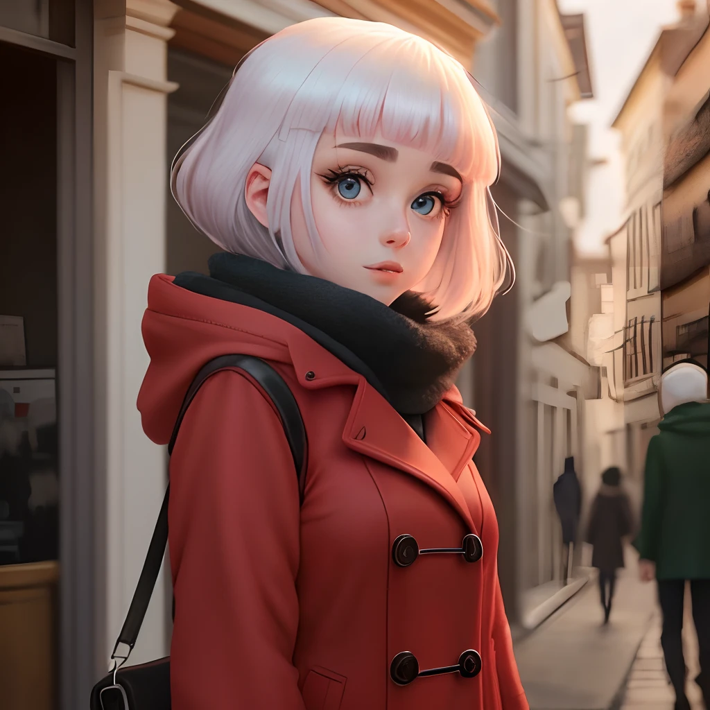 Garota de anime com cabelos curtos, She has a red wool coat, Your big eyes are the biggest feature of your face