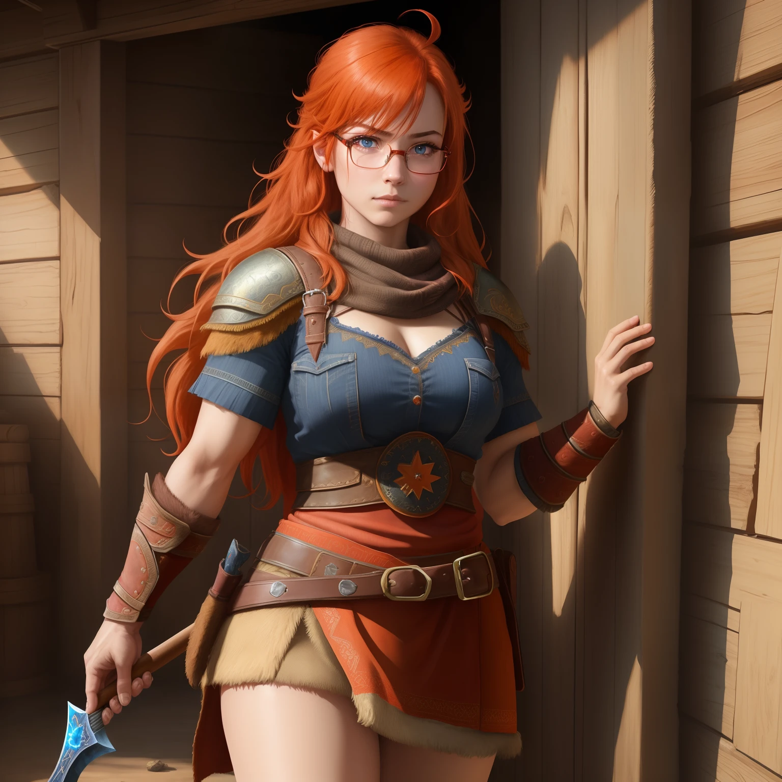 8k, masterpiece, best quality, realistic, higly detailed, cowboy shot, 1girl, solo, itsuki, serious looking girl, medium-length hair, expressive ahoge, reddish-orange hair, a pair of star-shaped hairpins near both of her eyes, dark blue eyes, average height, well-endowed figure, glasses, cute, god of war