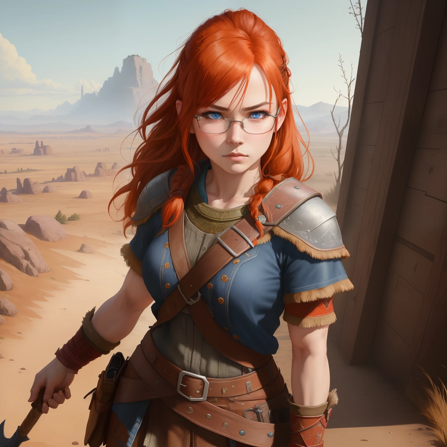 8k, masterpiece, best quality, realistic, higly detailed, cowboy shot, 1girl, solo, itsuki, serious looking girl, medium-length hair, expressive ahoge, reddish-orange hair, a pair of star-shaped hairpins near both of her eyes, dark blue eyes, average height, well-endowed figure, glasses, cute, god of war