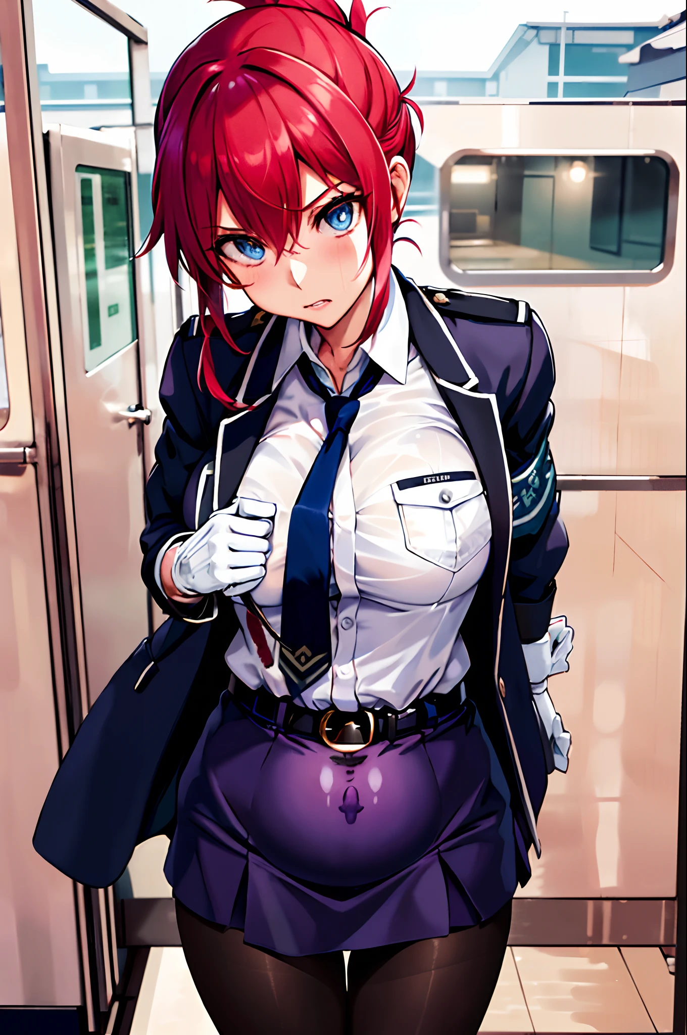 Best Quality, hight resolution, AOI1, 1girl in, Solo, Red hair, folded ponytail, Blue eyes, Skirt, neck tie, White Gloves, Police Uniform, Belt bag, Black pantyhose, Jacket, arm band, Large breasts, Cowboy Shot, Standing, Frustrated expression, Rape with seeds, Outdoors,be molested(Raped by a rapist on a train、Pregnant）Anatomically correct depiction of the human body）Becoming a mother with forced mother rape、Maternalization、Accept the rule of the rape demon、Aoi to become a mother、Aoi becomes motherly after accepting forced motherization rape