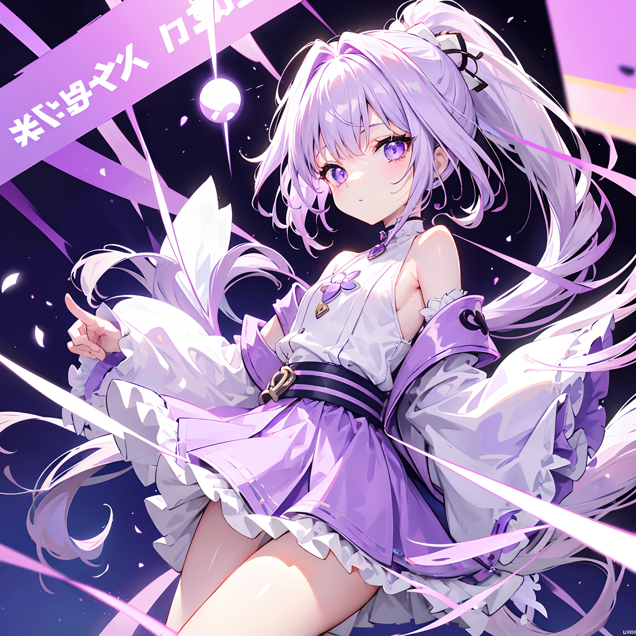Lilac hair and ponytail,Milky white and bright light purple pupils and clothes,Petite figure,Very small, Sweet li,It's a fluffy girl