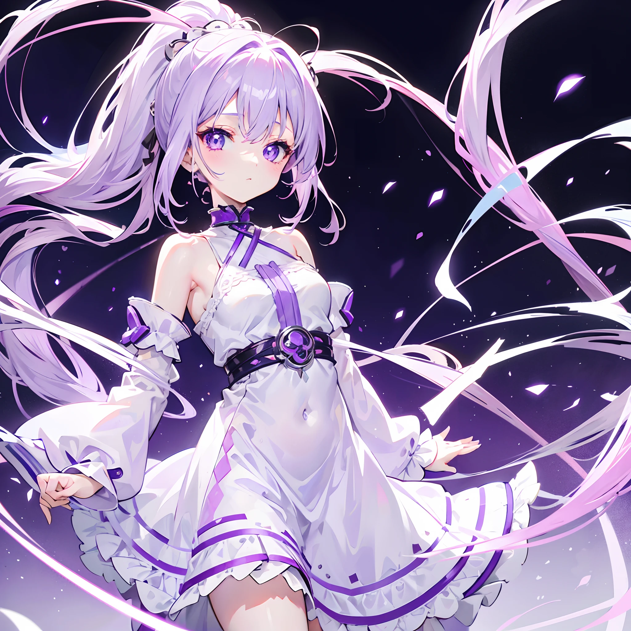 Lilac hair and ponytail,Milky white and bright light purple pupils and clothes,Petite figure,Very small, Sweet li,It's a fluffy girl