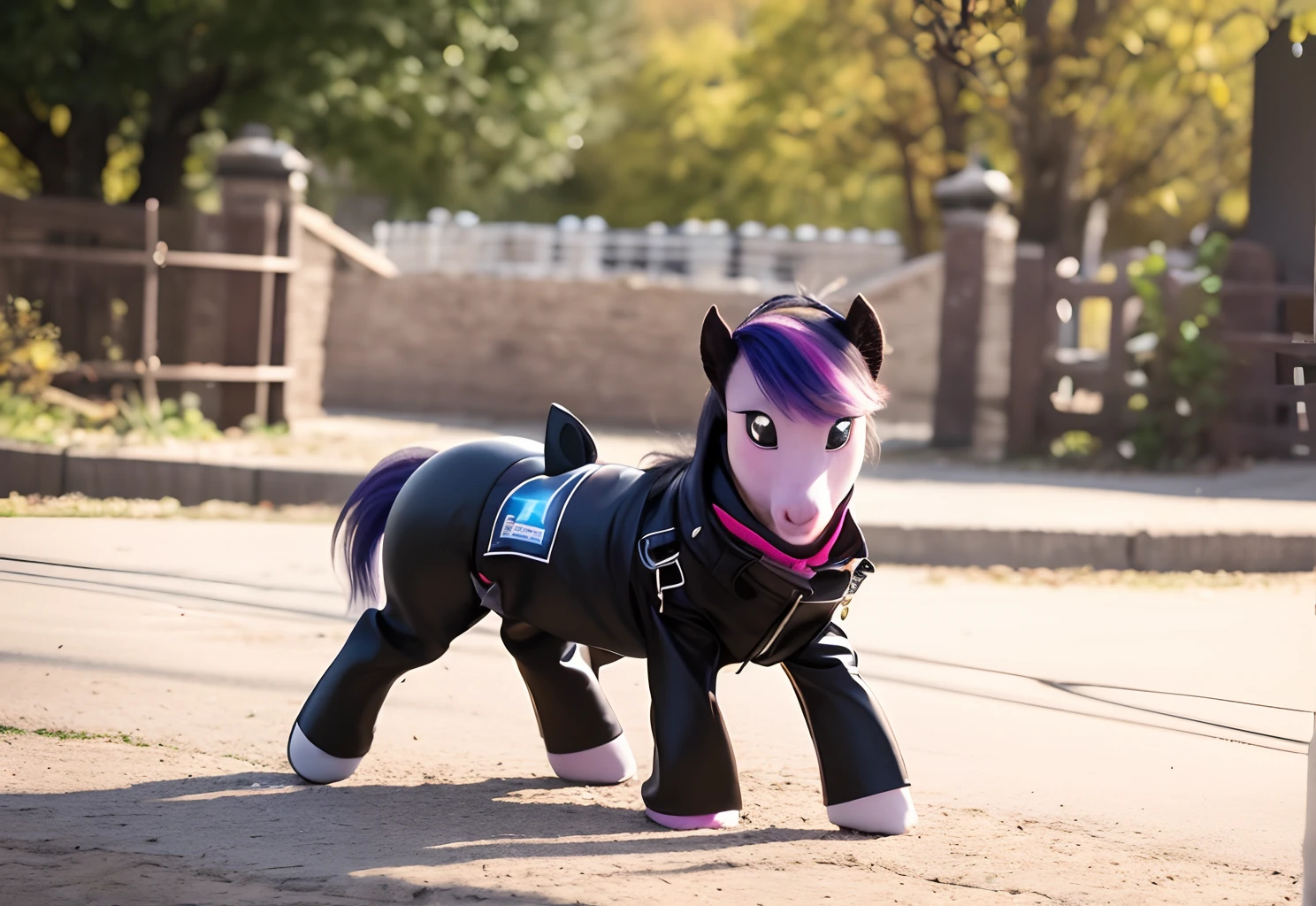 Create a picture of my little pony in a leather coat