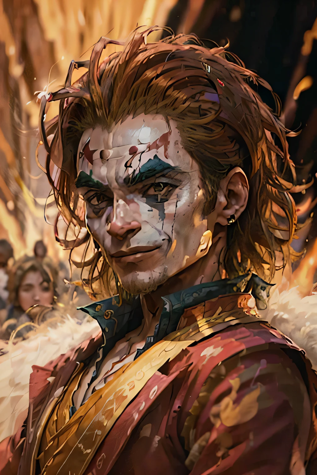 Dom Wukong, o Deus Macaco ::3 cores vibrantes, cores fortes, cores de fogo, vermelho e dourado ::2 energetic brushstrokes, dynamic lines, linhas fluidas, linhas expressivas ::1 mythical, Fantastical Atmosphere, Magical Elements, efeitos incandescentes ::1 detailed facial features, olhos expressivos, sorriso travesso ::1