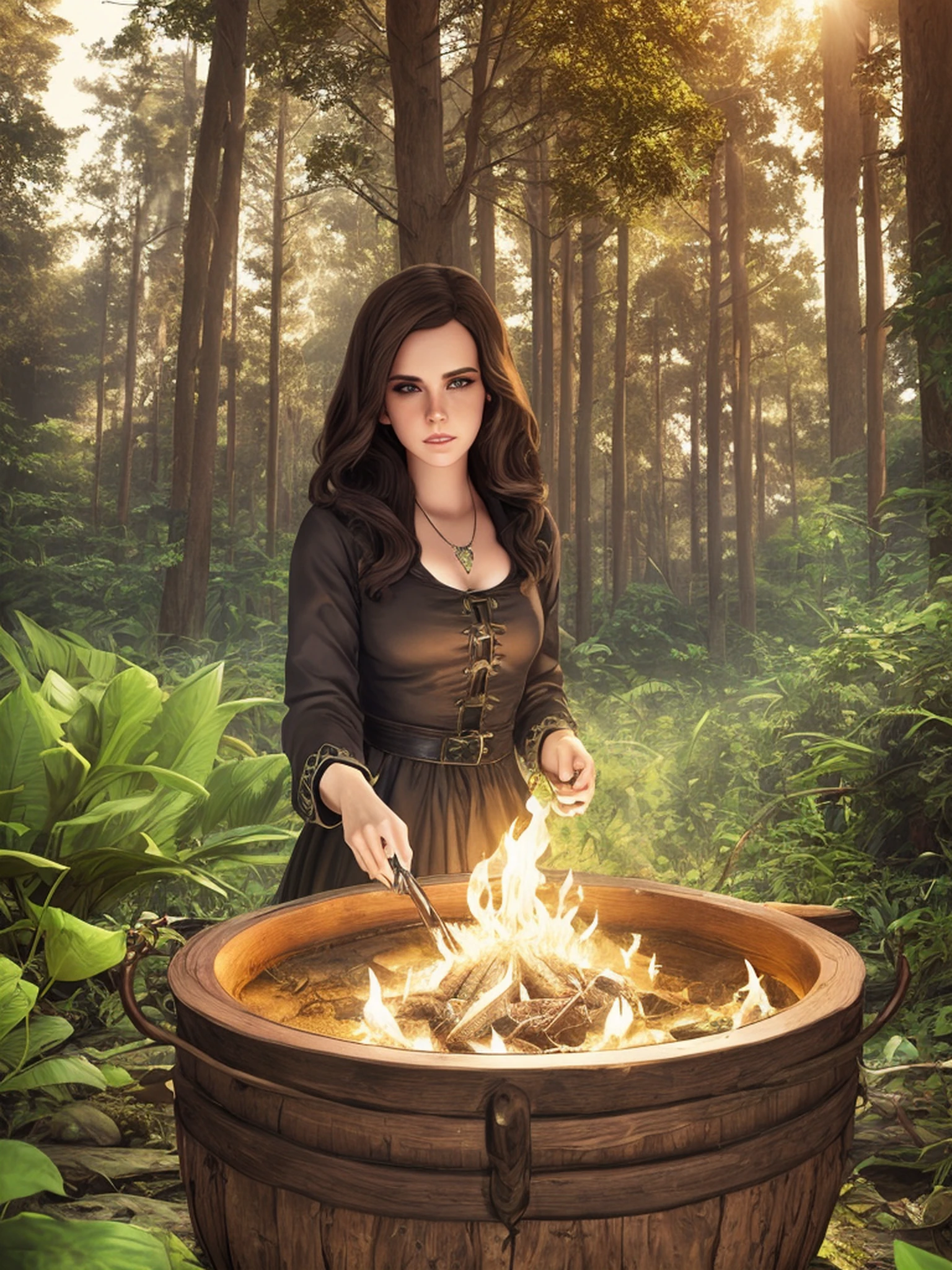 Lana del rey, witch, magic, forest, mystic, 8k, maximum detail, colorful, witch cauldron