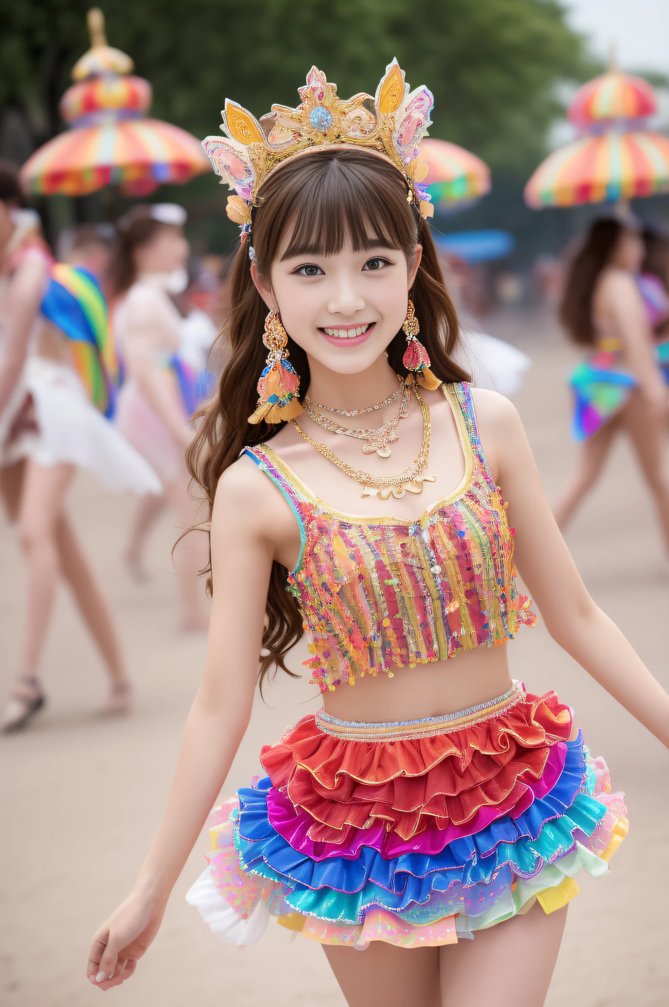 (8K、Raw photography、Photorealsitic:1.25)、1little girl、(16 year old woman with beautiful perfect face、Expressing the joy of dancing with color)、Pose with legs raised high、Line Dance、lipgloss、long lashes、Beautiful expression、shiny bare skin、top-quality、超A high resolution、Stage costumes with many jewels shining、Bask in the lights on the stage、a miniskirt、a closeup、Reduce depth of field