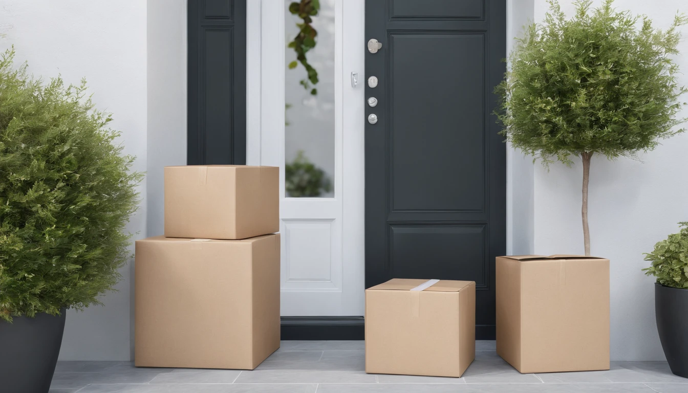 wide shot 3 boxes of packages left at a front door. Plants visible in the frame, beautiful warm sunny day. Soft light focus. Beautiful looking home. Lush garden beside the house