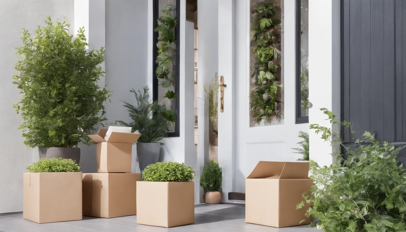wide shot 3 boxes of packages left at a front door. Plants visible in the frame, beautiful warm sunny day. Soft light focus. Beautiful looking home. Lush garden beside the house