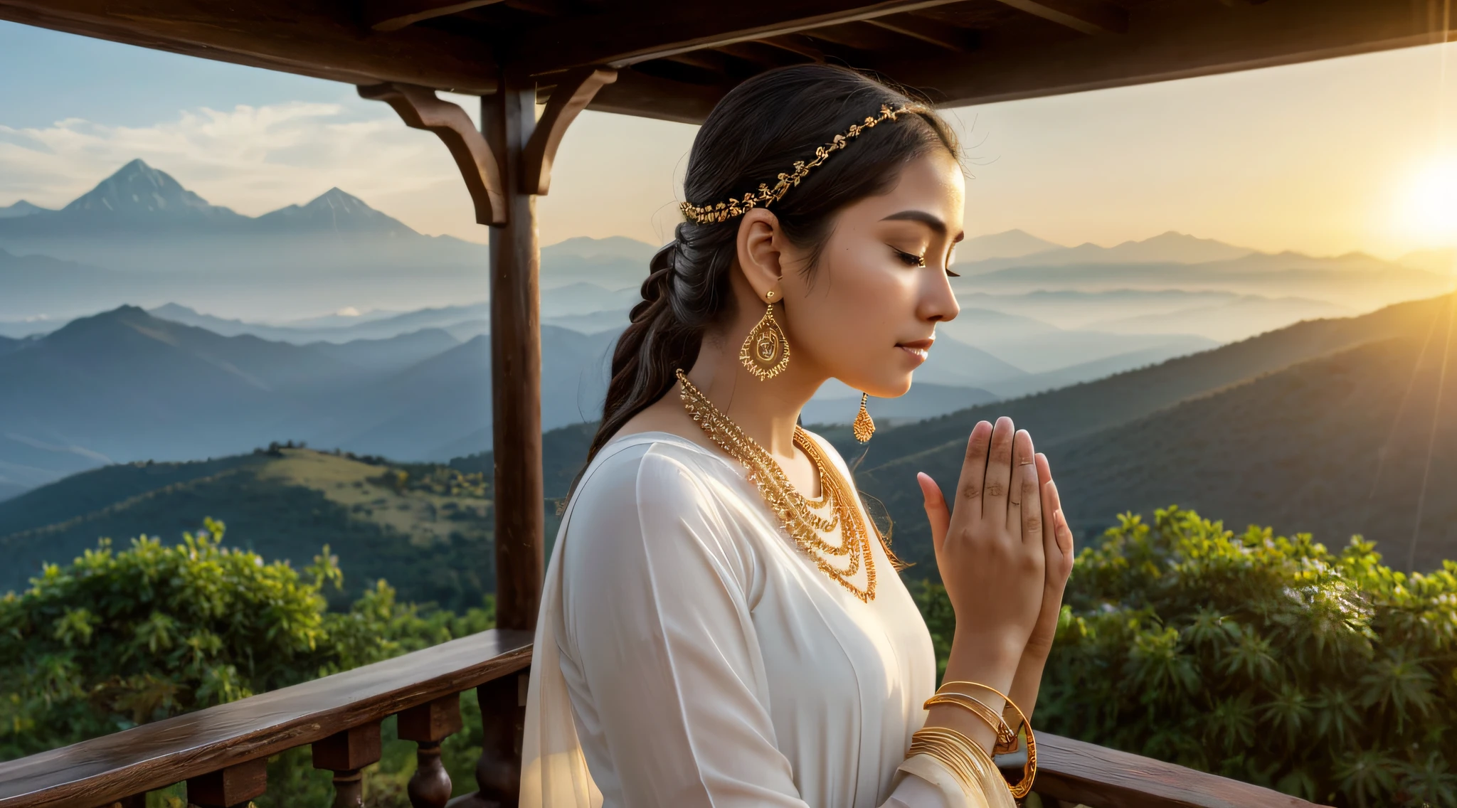 A person immersed in prayer,beautiful detailed eyes,uplifted face,connecting with the heavens,distant mountain range and horizon,peaceful garden backdrop,serene ambient lighting,soft color palette with gentle hues,(best quality,16k,highres:1.2) realism,serenity and tranquility,detailed folds of their clothing,refined details and textures,ethereal atmosphere,dust particles floating in the air,supreme focus on the person's face,subtle golden sunlight illuminating,hint of warm colors,lengthy prayer beads in hands,deep spiritual meaning,majestic clouds in the sky,overwhelming vastness of the sky,intense moment of personal connection,profound sense of faith and longing , 16K.