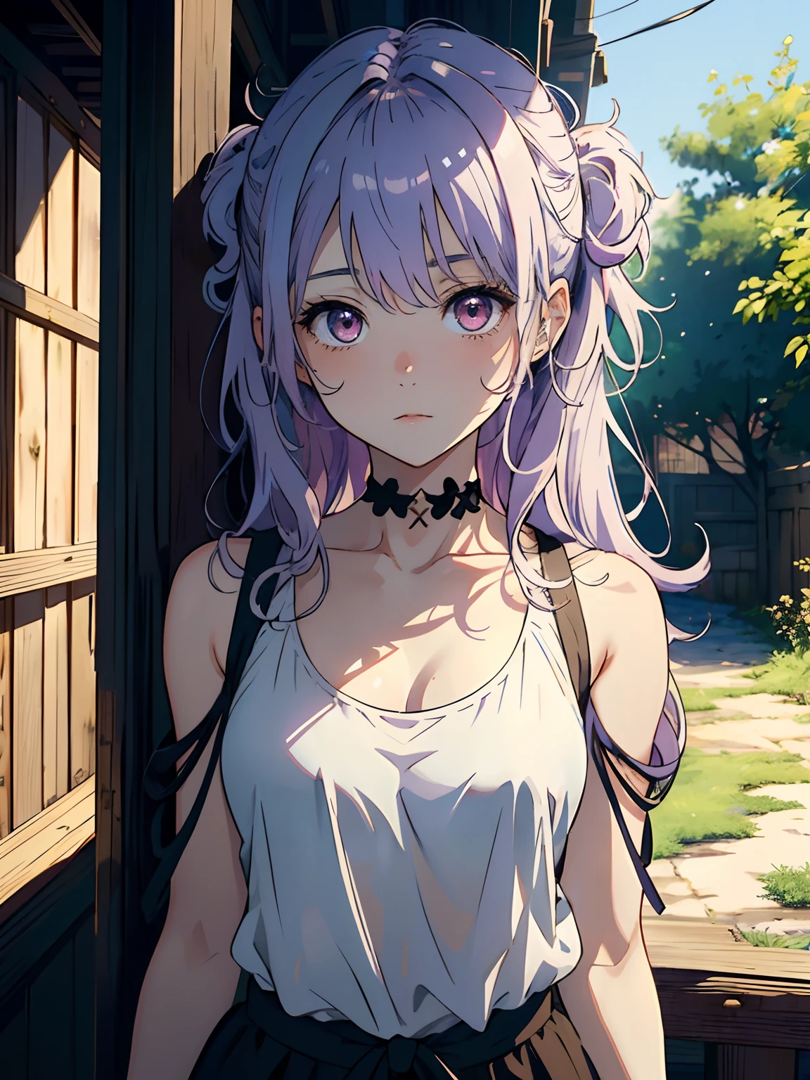 ((masterpiece, best quality)), (1girl, anime girl in medieval style),(loli, little girl,), (solo), (female focus), (light pale purple hair, messy hair, long hair),yellow eyes, ((exposed shoulder, tank top)) , shy, portraits, close up, upper body, vibrant colors, soft lighting, looking straight forward