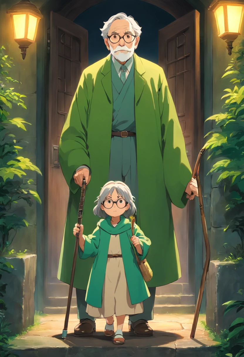 There is an old man with glasses and cane accompanied by an adult woman and a child dressed in green. , los 3 estan pasando por una pasillo oscuro