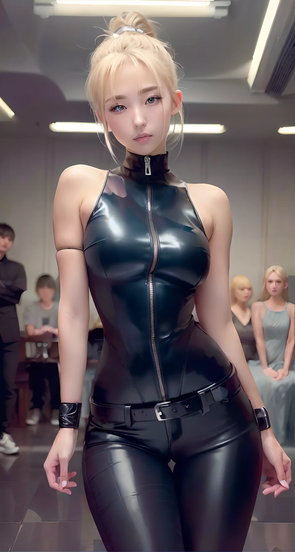 a blond、 Ahegao、hight resolution, 1 rapariga, Korea person, Heterochromia eyes, small moles under eyes,blue-black leather pants, Silver zipper,Belt under the waist,superfine illustration,(((beautiful fine hair))),(((Beautiful Fine Face))),(((Beautiful fine background))),Normal small size,bangss ,(((beautiful fine hair))),(((Beautiful Fine Face))),(((Beautiful fine background))),a blond , show forehead, Silver center zipper, Leather Blue Black Bodysuit, 3-sleeveblue-black, shiny, Blonde ponytail