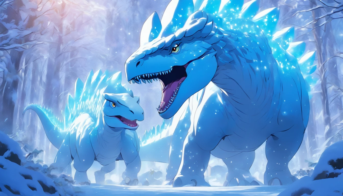 Pachycephalosaurs, snow white and icy blue, icy sharp snowflakes, Ray of Frost, masterpiece, best quality