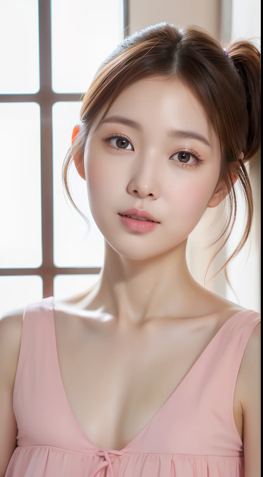 realistic photos of 1 cute Korean star, ponytail hair, white skin, thin makeup, 32 inch breasts size, wearing pink long dress, at the window church, close-up portrait, UHD