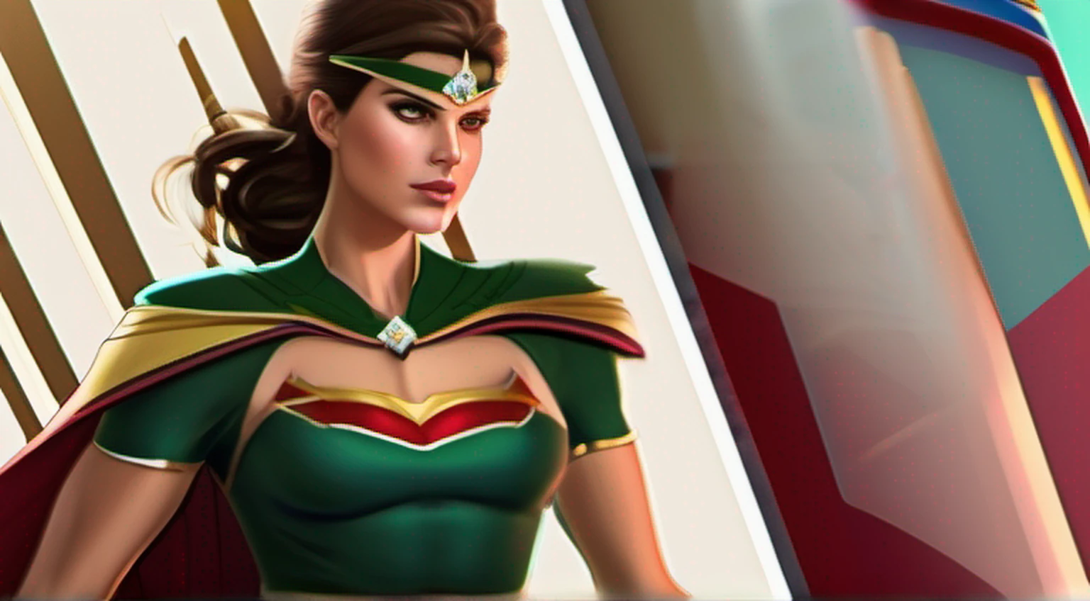 Sexy alexandra daddario as a beautiful female superheroine , olhos verdes cabelos castanhos, rabo-de-cavalo, camisa vermelha da colheita, com uma estrela dourada, wears a golden tiara on his forehead with a red gem on his head , Pulseiras de Ouro, Botas vermelhas longas, e pequenos shorts vermelhos fotografia de retrato por artgerm, no estilo do realismo, pele cintilante, Cartooncore, Mangacore, natural lighting, Defined full lips. Female body muscle fitness
