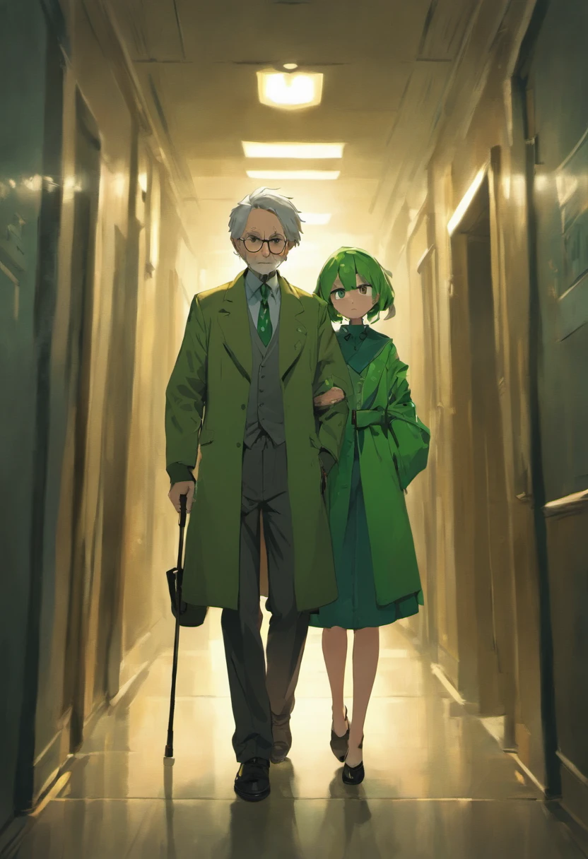 An elderly man with glasses and a cane is accompanied by an adult woman and a child dressed in green, all walking through a dark hallway. (best quality, highres, ultra-detailed), the elderly man has beautiful detailed eyes and face, the woman has detailed eyes and lips, the child has extremely detailed eyes and face. The scene is captured in an oil painting medium, with vivid colors and sharp focus. The artwork depicts a realistic and detailed representation of the characters. The lighting in the hallway creates dramatic shadows and highlights, adding depth to the composition. The overall atmosphere is somber and mysterious, conveying a sense of suspense.
