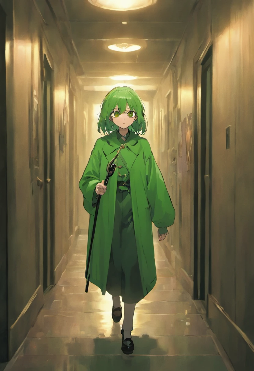 An elderly man with glasses and a cane is accompanied by an adult woman and a child dressed in green, all walking through a dark hallway. (best quality, highres, ultra-detailed), the elderly man has beautiful detailed eyes and face, the woman has detailed eyes and lips, the child has extremely detailed eyes and face. The scene is captured in an oil painting medium, with vivid colors and sharp focus. The artwork depicts a realistic and detailed representation of the characters. The lighting in the hallway creates dramatic shadows and highlights, adding depth to the composition. The overall atmosphere is somber and mysterious, conveying a sense of suspense.