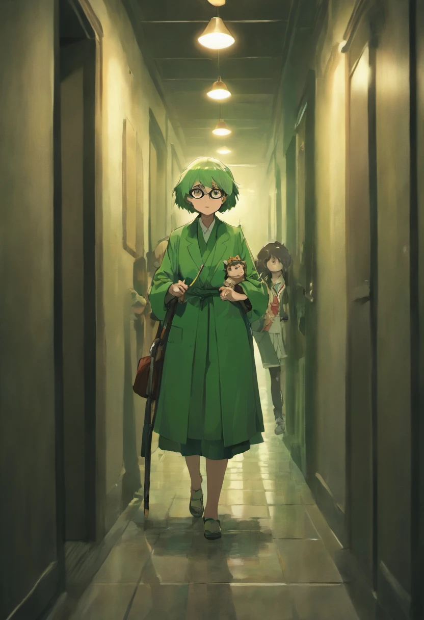 An elderly man with glasses and a cane is accompanied by an adult woman and a dressed in green, all walking through a dark hallway. (best quality, highres, ultra-detailed), the elderly man has beautiful detailed eyes and face, the woman has detailed eyes and lips, the child has extremely detailed eyes and face. The scene is captured in an oil painting medium, with vivid colors and sharp focus. The artwork depicts a realistic and detailed representation of the characters. The lighting in the hallway creates dramatic shadows and highlights, adding depth to the composition. The overall atmosphere is somber and mysterious, conveying a sense of suspense.
