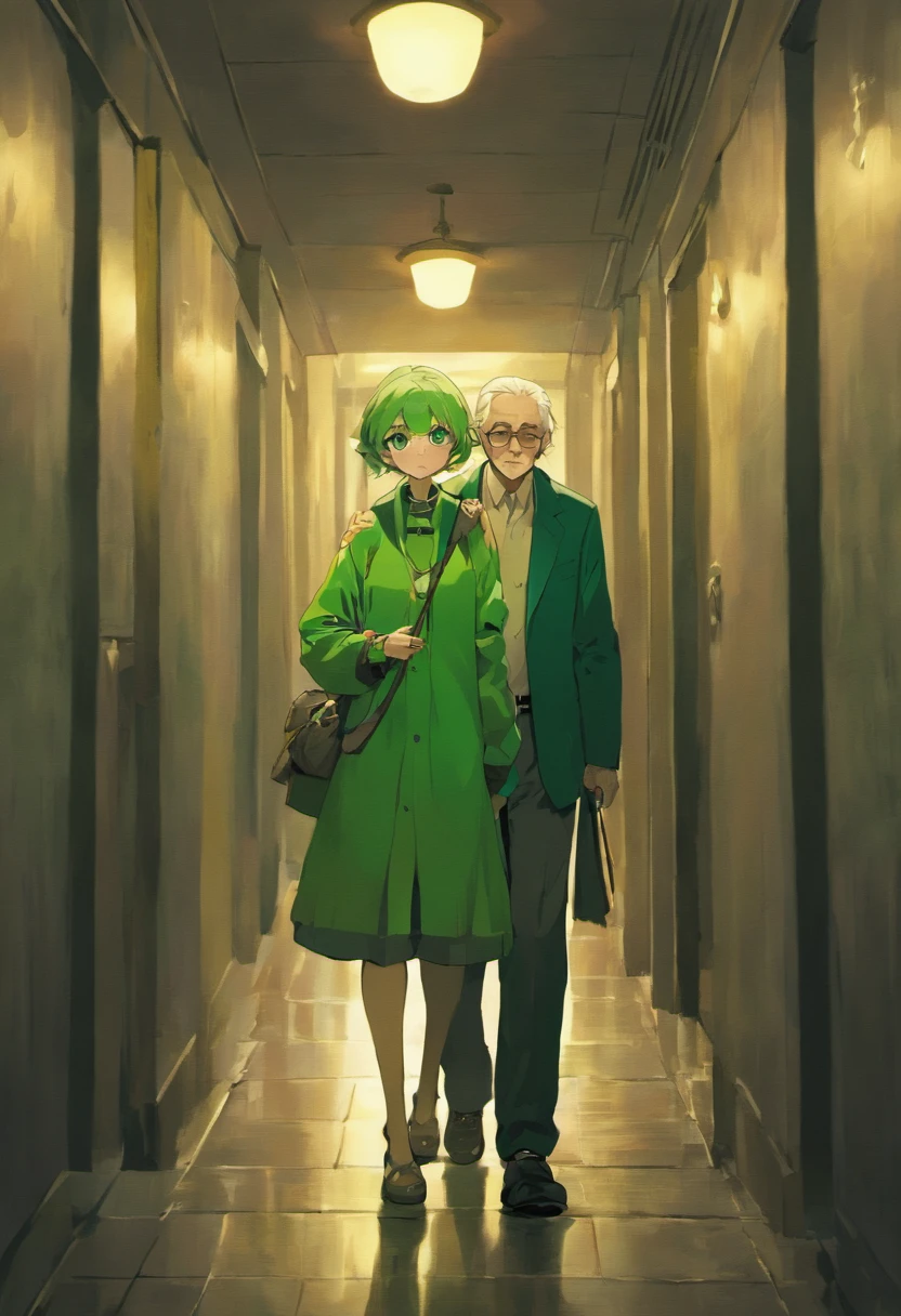 An elderly man with glasses and a cane is accompanied by an adult woman and a dressed in green, all walking through a dark hallway. (best quality, highres, ultra-detailed), the elderly man has beautiful detailed eyes and face, the woman has detailed eyes and lips, the child has extremely detailed eyes and face. The scene is captured in an oil painting medium, with vivid colors and sharp focus. The artwork depicts a realistic and detailed representation of the characters. The lighting in the hallway creates dramatic shadows and highlights, adding depth to the composition. The overall atmosphere is somber and mysterious, conveying a sense of suspense.