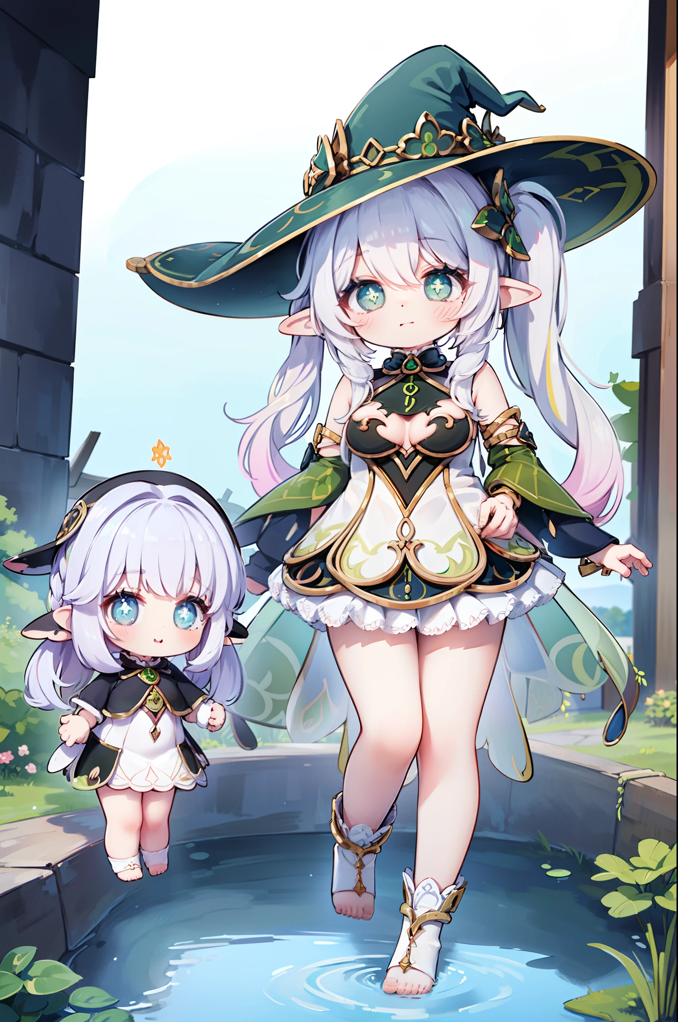 Lori huge breasts cleavage,(((Small anthropomorphism))),One girl、(Light blue and pink 1:1)、Cute Turtle、Long、Wavy hair、tmasterpiece、Top image quality、top-quality、Witch outfit、a witch's hat、brunette color hair、Very long hair、jitome