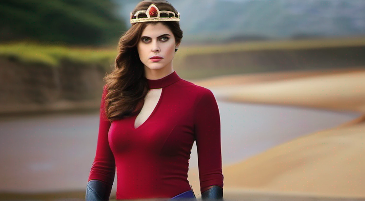 Sexy alexandra daddario as a beautiful female superheroine , olhos verdes cabelos castanhos, rabo-de-cavalo, camisa vermelha da colheita, com uma estrela dourada, wears a golden tiara on his forehead with a red gem on his head , Pulseiras de Ouro, Botas vermelhas longas, e pequenos shorts vermelhos fotografia de retrato por artgerm, no estilo do realismo, pele cintilante, Cartooncore, Mangacore, natural lighting, Defined full lips. Female body muscle fitness