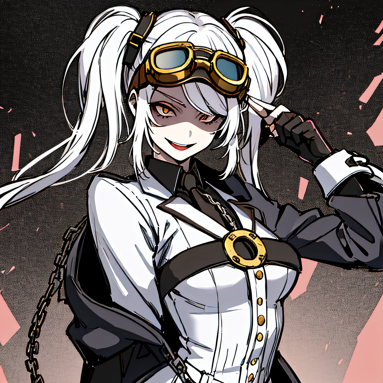 (absurdres, 8k, 4k, masterpiece, hyper extreme detailed:1.2), solo, 1girl, front view, perfect face, 1girl, portrait, expressive eyes, solo, standing, Female, girl with goggles and a chain around her neck, cyber goggles, victorian goggles, round goggles, goggles, cyberpunk monocle!, goggle eyes, steampunk googles, steampunk goggles, wearing victorian brass goggles, weak, female, small breasts, pale, cream colored hair, long hair, gold eyes, swept bangs, slim, slender, intelligent, genius, mad scientist, twin tails, Inventor, confident, perfect ???????, futuristic, fingerless gloves, chest harness, pervert, half body, lab coat, belts, crazy face, crazy eyes, crazy smile, 1girl, futuristic, labcoat, white hair, mature, adult, attractive, skirt, hologram, monocle, wide smile, jovial, poofy twin tails, big hair, tesla coil, evil. criminal, shaded face, shadow over eyes, insane, scary, menacing, malicious, shadows, nighttime, experiment,