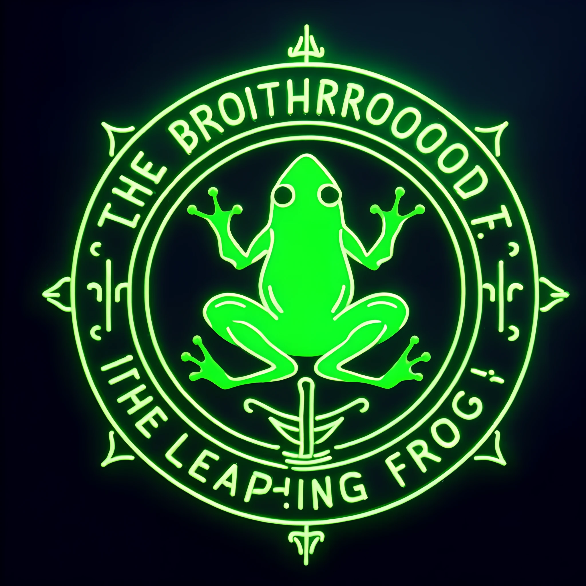 neon green frog logo on a black background with a green glow, leaping, brooding, jumping flying and eating frogs, froggy, frog, frog themed, lit from below, kermit the frog, glowing street signs, cyberpunk frog, brotherhood, psychedelic frog, leaping into the air, green neon signs, album art, toad philosopher the thinker, alien frog