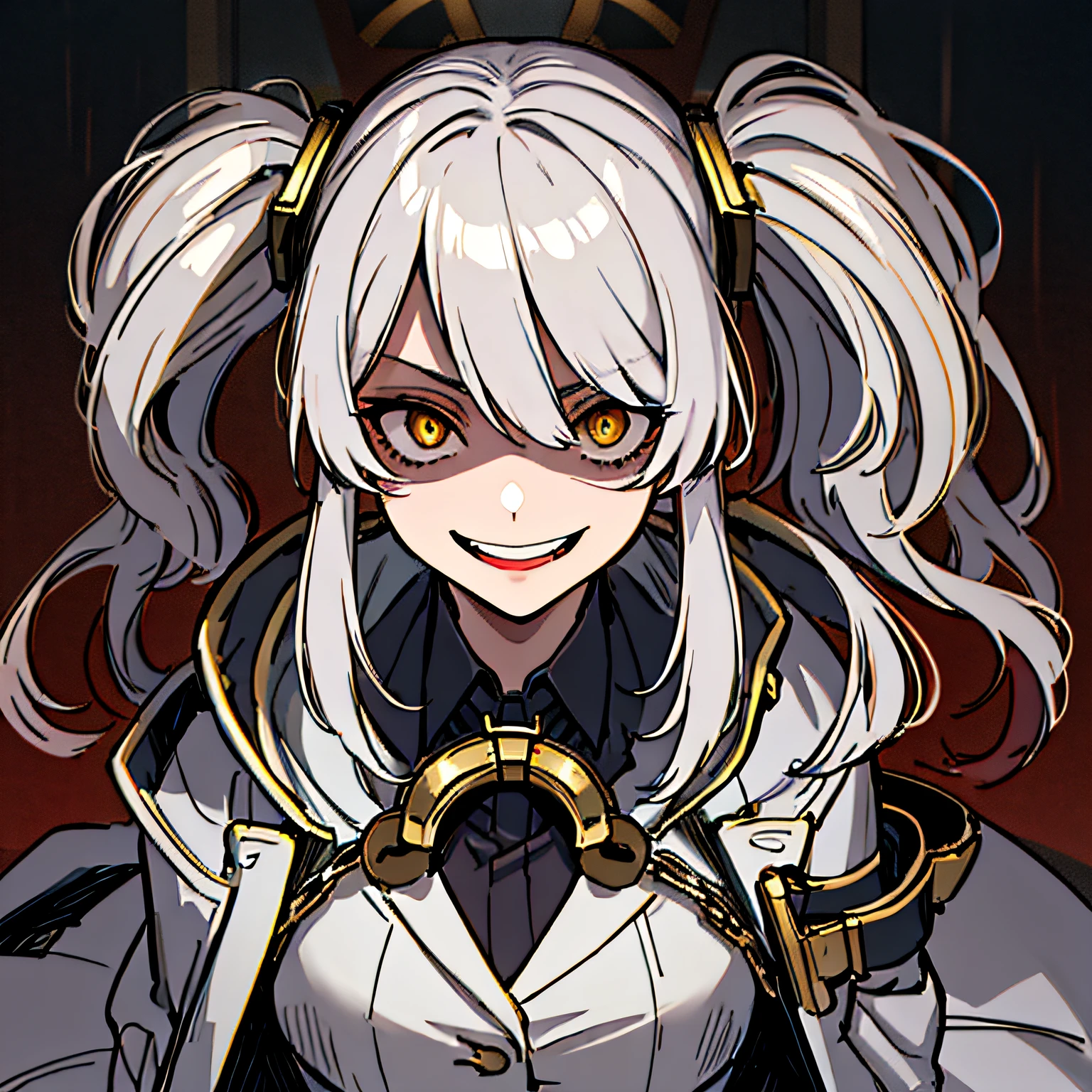 (absurdres, 8k, 4k, masterpiece, hyper extreme detailed:1.2), solo, 1girl, front view, perfect face, 1girl, portrait, expressive eyes, solo, standing, Female, girl with goggles and a chain around her neck, cyber goggles, victorian goggles, round goggles, goggles, cyberpunk monocle!, goggle eyes, steampunk googles, steampunk goggles, wearing victorian brass goggles, weak, female, small breasts, pale, cream colored hair, long hair, gold eyes, swept bangs, slim, slender, intelligent, genius, mad scientist, twin tails, Inventor, confident, perfect anatomy, futuristic, fingerless gloves, chest harness, pervert, half body, lab coat, belts, crazy face, crazy eyes, crazy smile, 1girl, futuristic, labcoat, white hair, mature, adult, attractive, skirt, hologram, monocle, wide smile, jovial, poofy twin tails, big hair, tesla coil, evil. criminal, shaded face, shadow over eyes, insane, scary, menacing, malicious, shadows, nighttime, experiment,
