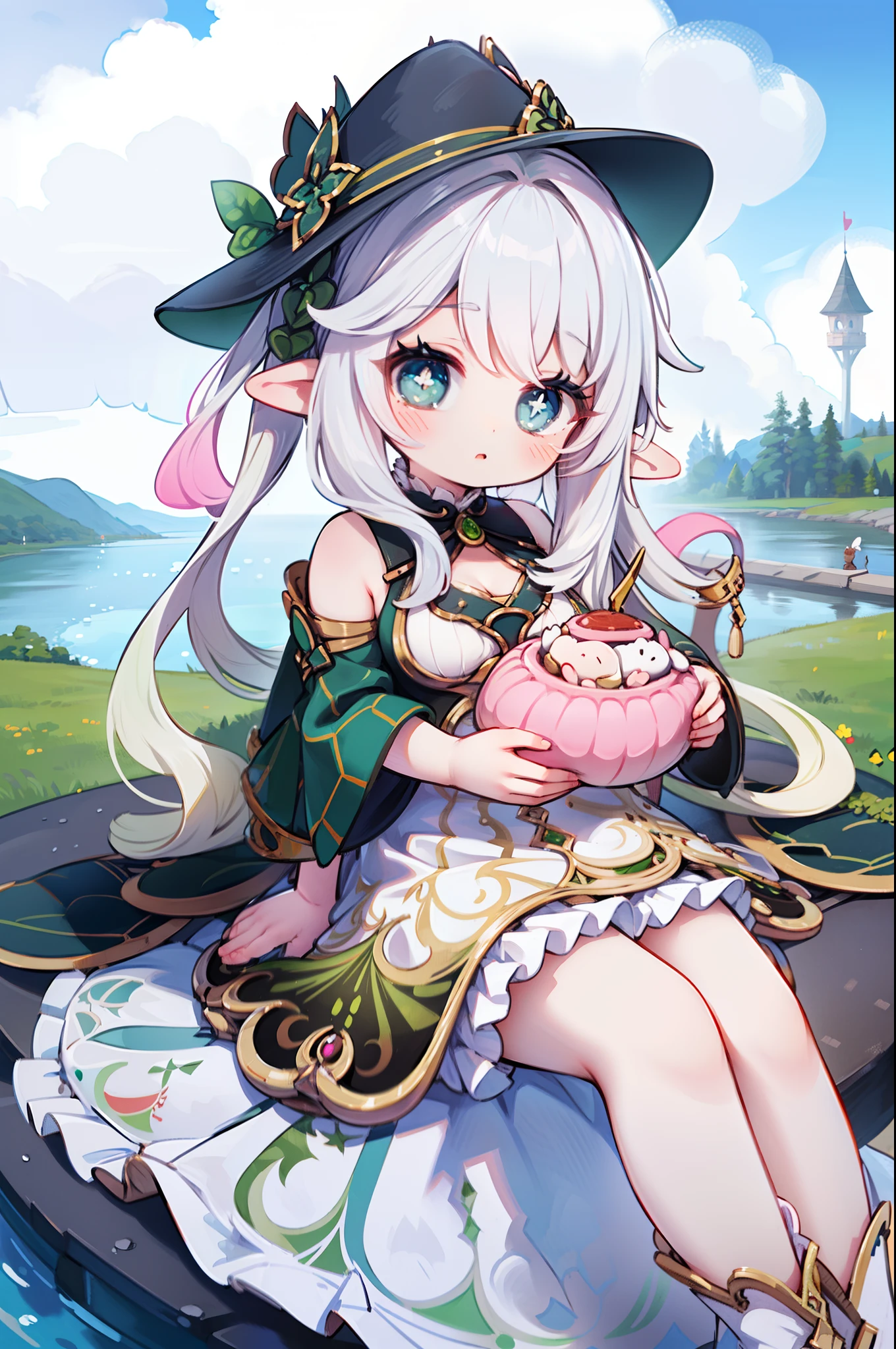 Lori huge breasts cleavage，（（（Small anthropomorphism））），One girl、（Light blue and pink 1:1）、Cute  Turtle、Long、Wavy hair、tmasterpiece、Top image quality、top-quality、Witch outfit、a witch's hat、brunette color hair、Very long hair、jitome