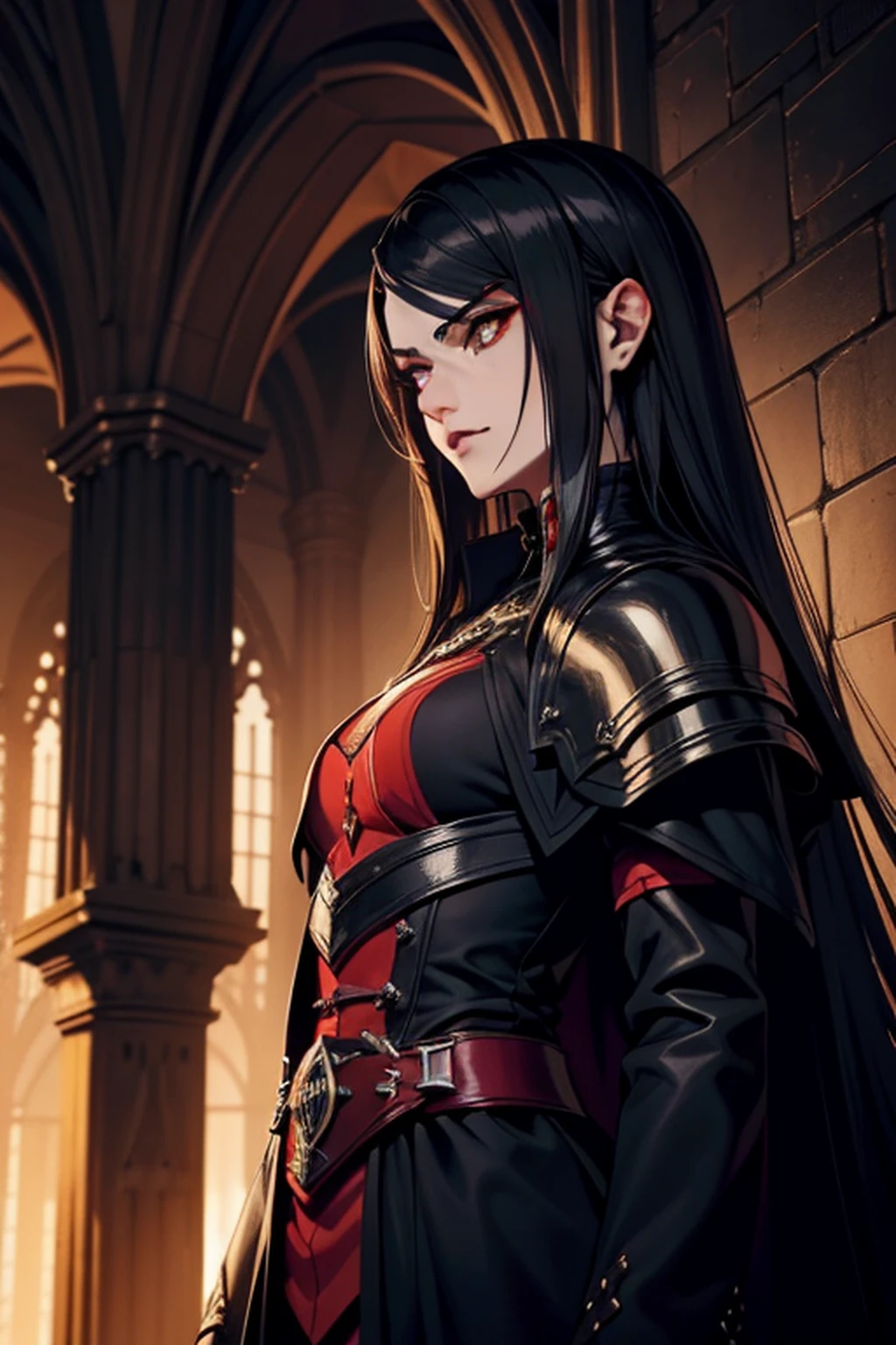 An adult vampire wizard character wearing black and red gothic armor. Seu cabelo tem com corte curto. Seus olhos colorem amarelo, Magnificent, noite, luz do luar, pegue a chave, Facial expression of anger, 8k, posicionada em cima de uma pedra elevada, olhando para frente, Sanctuary, Gothic city, descendo as escadas olhando de cima, personagem masculino, poderoso, extremamente detalhado