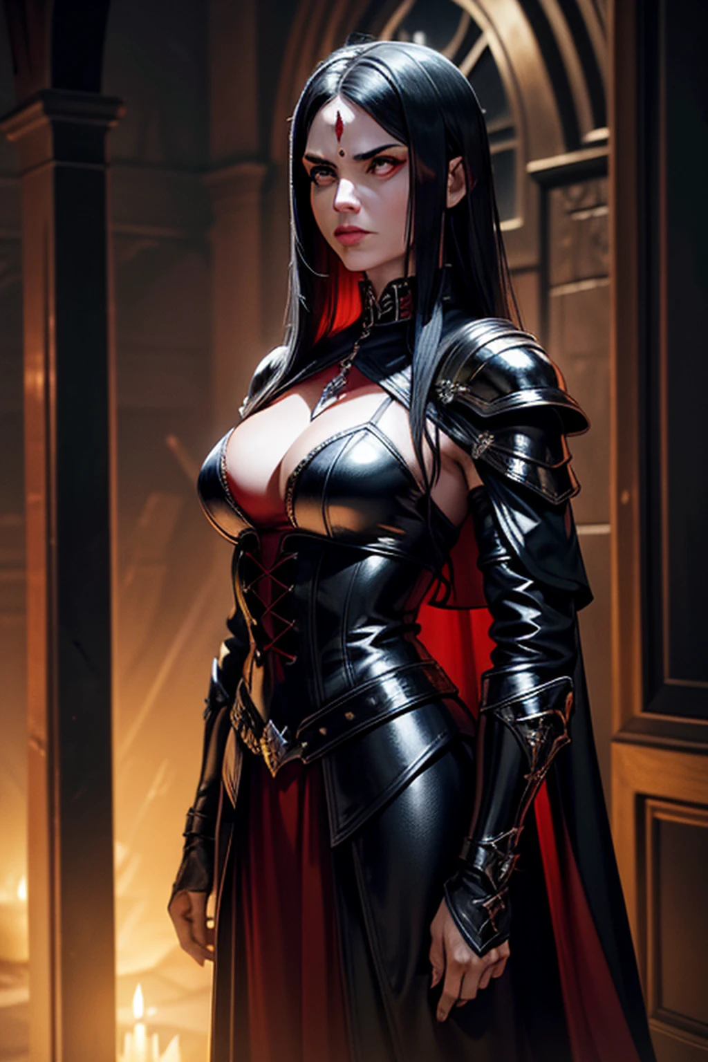 An adult vampire wizard character wearing black and red gothic armor. Seu cabelo tem com corte curto. Seus olhos colorem amarelo, Magnificent, noite, luz do luar, pegue a chave, Facial expression of anger, 8k, posicionada em cima de uma pedra elevada, olhando para frente, Sanctuary, Gothic city, descendo as escadas olhando de cima, personagem masculino, poderoso, extremamente detalhado