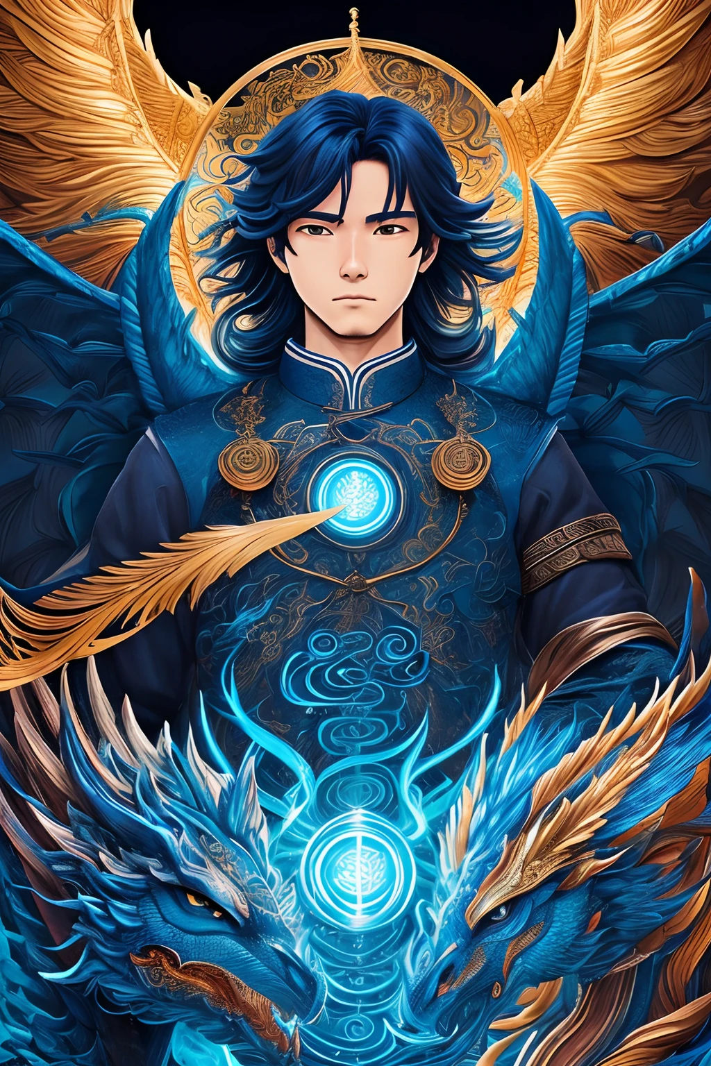 Arte inspirada Samura Hiroaki, It's an elaborate and intricate fantasy portrait that depicts a robust and determined -year-old with aura, a huge bright blue light behind him, cabelo preto brilhante, Dragons and phoenixes flying, luz dourada, Estilo de artes marciais chinesas., art direction Samura Hiroaki