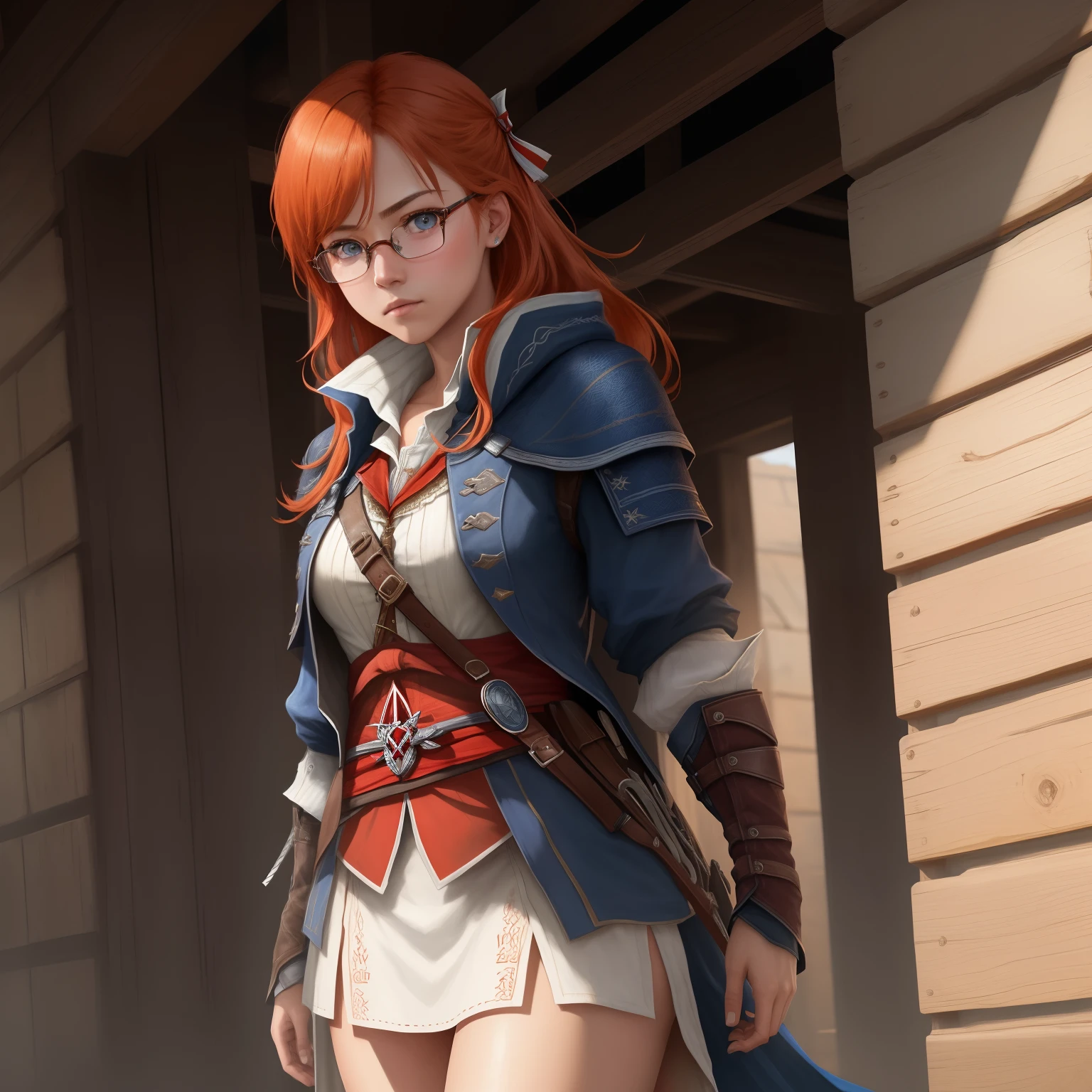 8k, masterpiece, best quality, realistic, higly detailed, cowboy shot, 1girl, solo, itsuki, serious looking girl, medium-length hair, expressive ahoge, reddish-orange hair, a pair of star-shaped hairpins near both of her eyes, dark blue eyes, average height, well-endowed figure, glasses, cute, assassin's creed