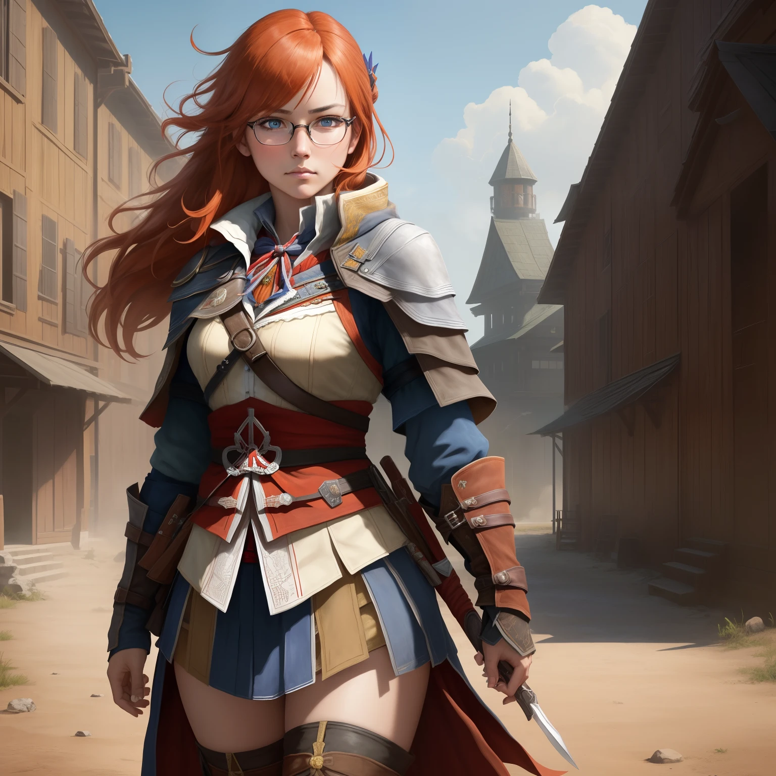 8k, masterpiece, best quality, realistic, higly detailed, cowboy shot, 1girl, solo, itsuki, serious looking girl, medium-length hair, expressive ahoge, reddish-orange hair, a pair of star-shaped hairpins near both of her eyes, dark blue eyes, average height, well-endowed figure, glasses, cute, assassin's creed