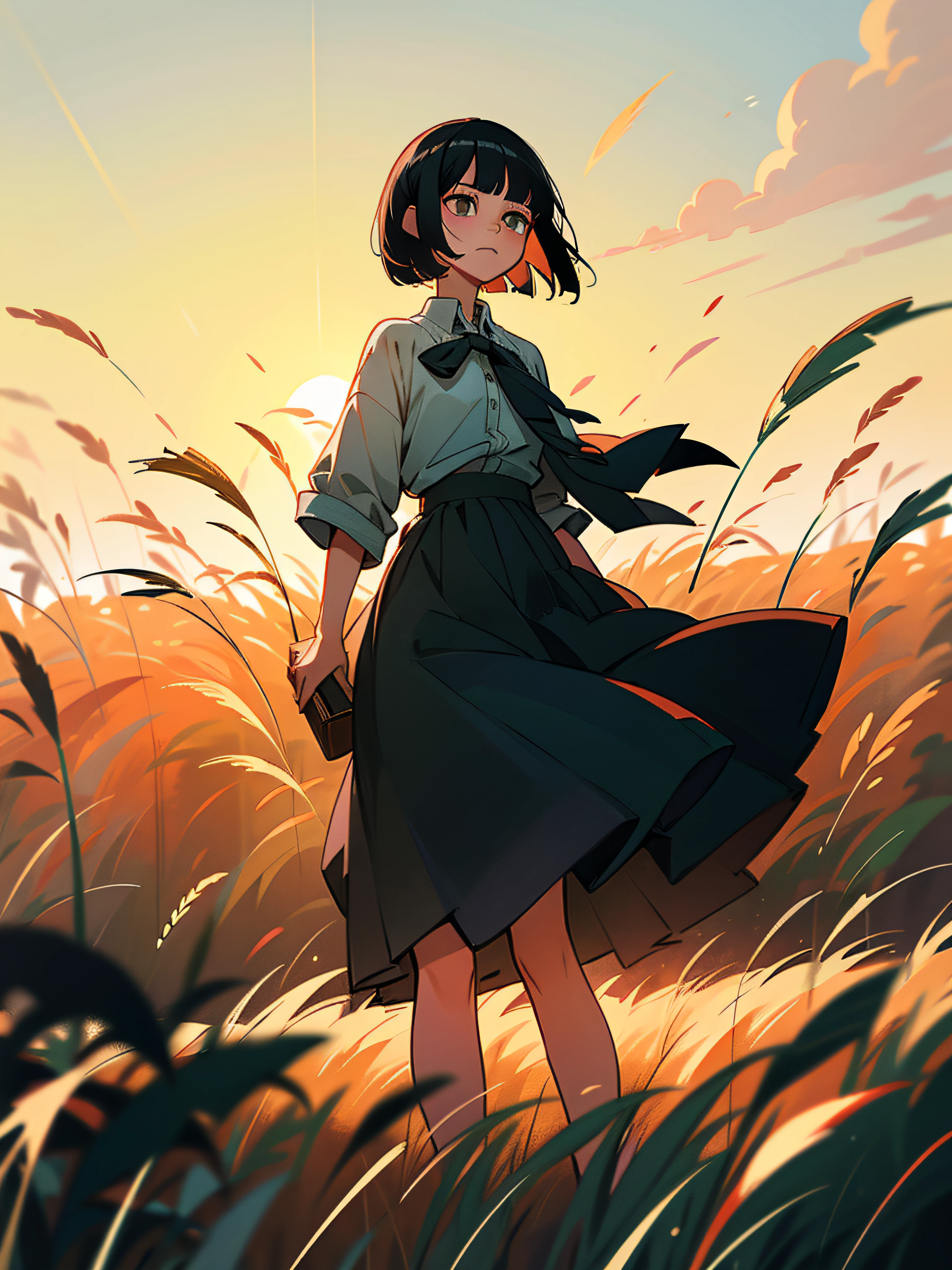 Black hair short bob20Female Generation、Natural clothing、skirt by the、grass field、the setting sun、Contre-Jour、