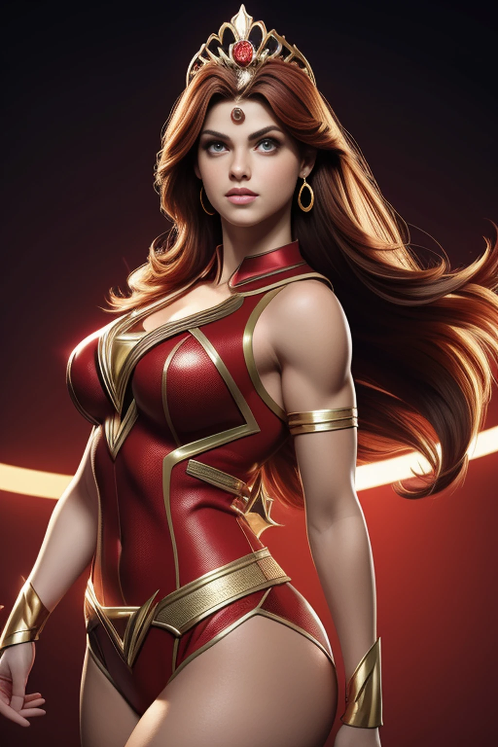 Sexy alexandra daddario as a beautiful female superheroine , olhos verdes cabelos castanhos, rabo-de-cavalo, camisa vermelha da colheita, com uma estrela dourada, wears a golden tiara on his forehead with a red gem on his head , Pulseiras de Ouro, Botas vermelhas longas, e pequenos shorts vermelhos fotografia de retrato por artgerm, no estilo do realismo, pele cintilante, Cartooncore, Mangacore, natural lighting, Defined full lips. Female body muscle fitness