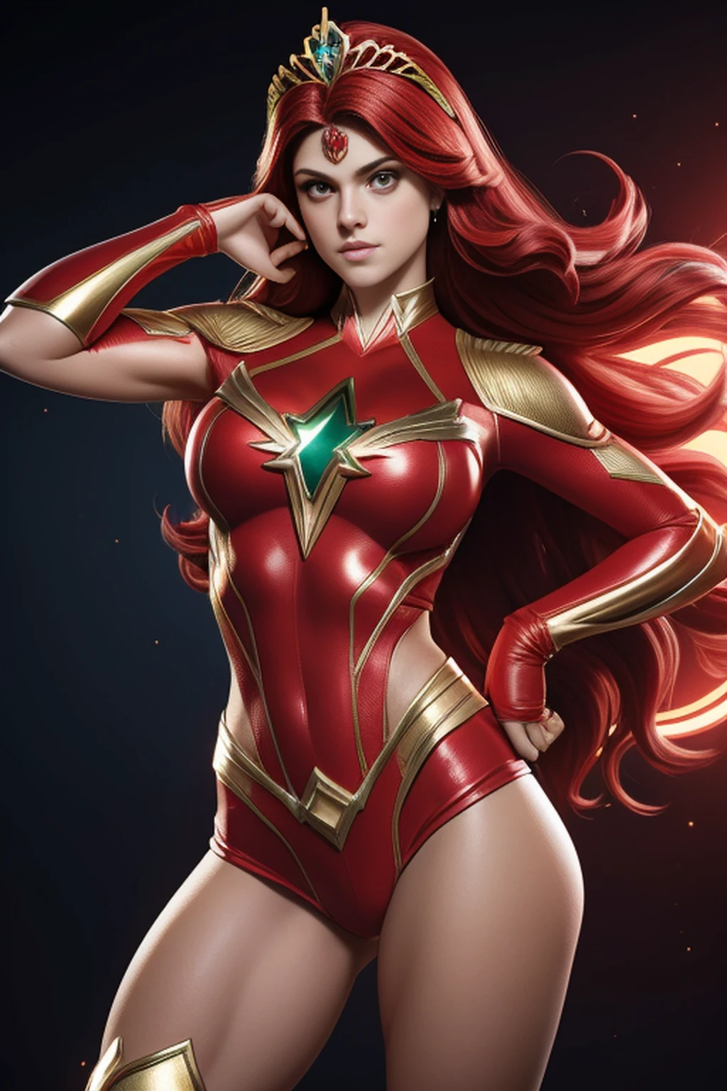 Sexy alexandra daddario as a beautiful female superheroine , olhos verdes cabelos castanhos, rabo-de-cavalo, camisa vermelha da colheita, com uma estrela dourada, wears a golden tiara on his forehead with a red gem on his head , Pulseiras de Ouro, Botas vermelhas longas, e pequenos shorts vermelhos fotografia de retrato por artgerm, no estilo do realismo, pele cintilante, Cartooncore, Mangacore, natural lighting, Defined full lips. Female body muscle fitness