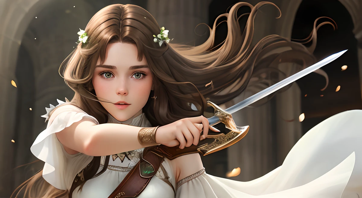 brown haired woman weilding a sword wearing a white flowy dress with green eyes