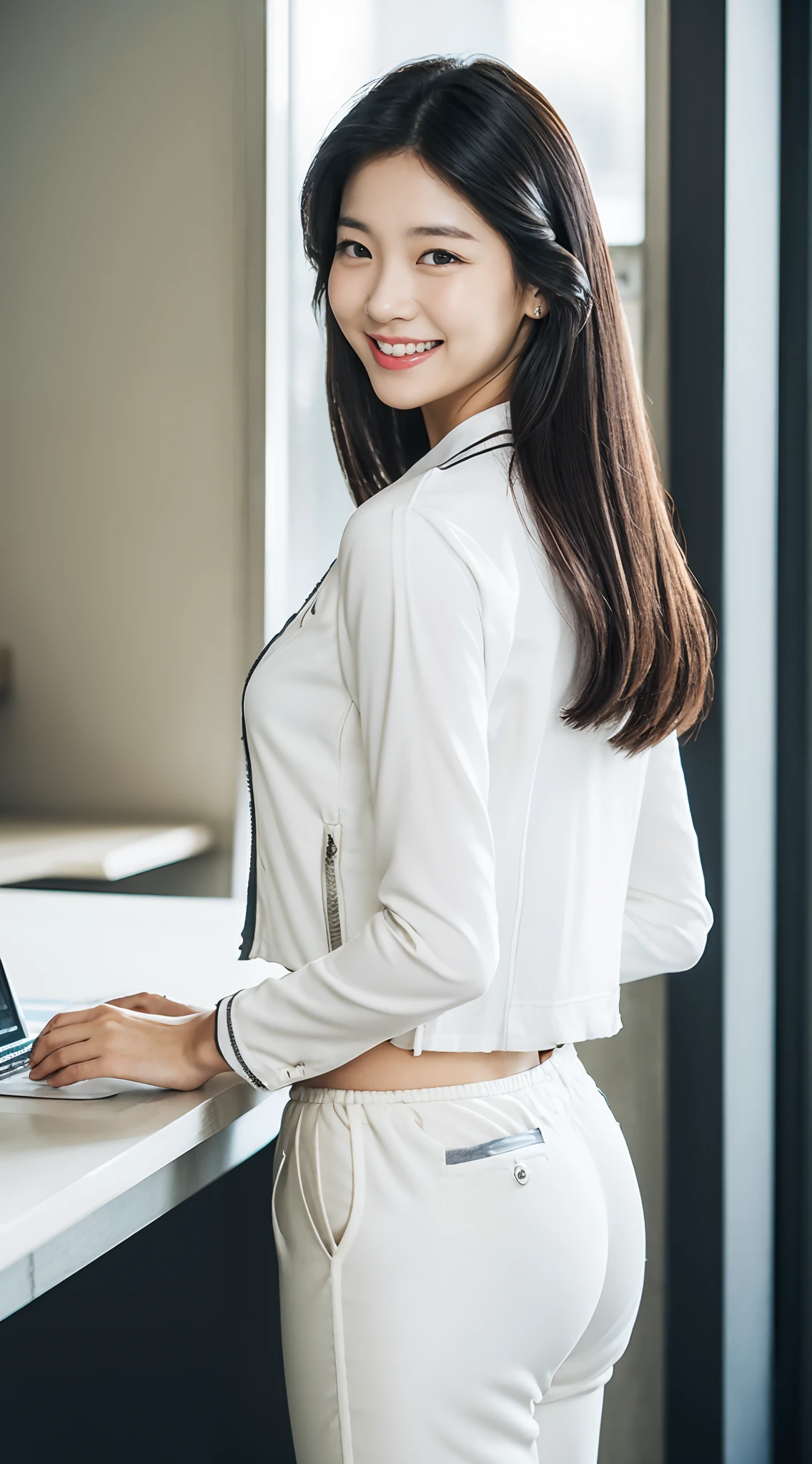 masutepiece, Best Quality, 超A high resolution,(photographrealistic:1.4) (depth of fields),(Lens Glow) , jaket:1.5、Inside the office:1.5、a Pretty Japanese woman1a person:1.5、(Workwear Pants:1.5)、turned around、(White workwear:1.5)、posterior view、Shy smile、Triangle bandana