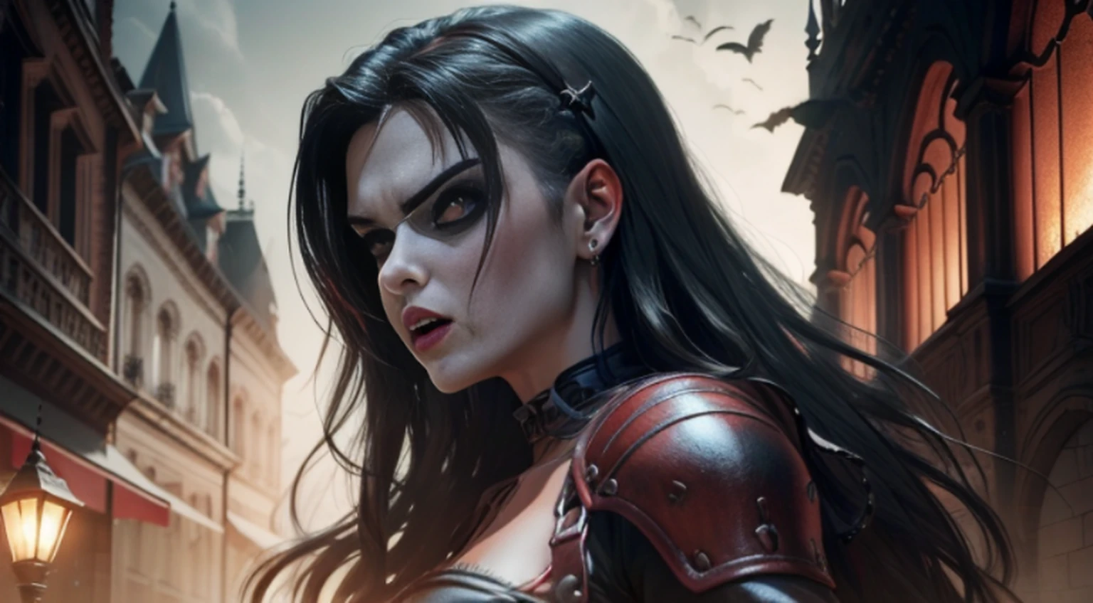 An adult vampire wizard character wearing black and red gothic armor. Seu cabelo tem com corte curto. Seus olhos colorem amarelo, Magnificent, noite, luz do luar, pegue a chave, Facial expression of anger, 8k, posicionada em cima de uma pedra elevada, olhando para frente, Sanctuary, Gothic city, descendo as escadas olhando de cima, personagem masculino, poderoso, extremamente detalhado