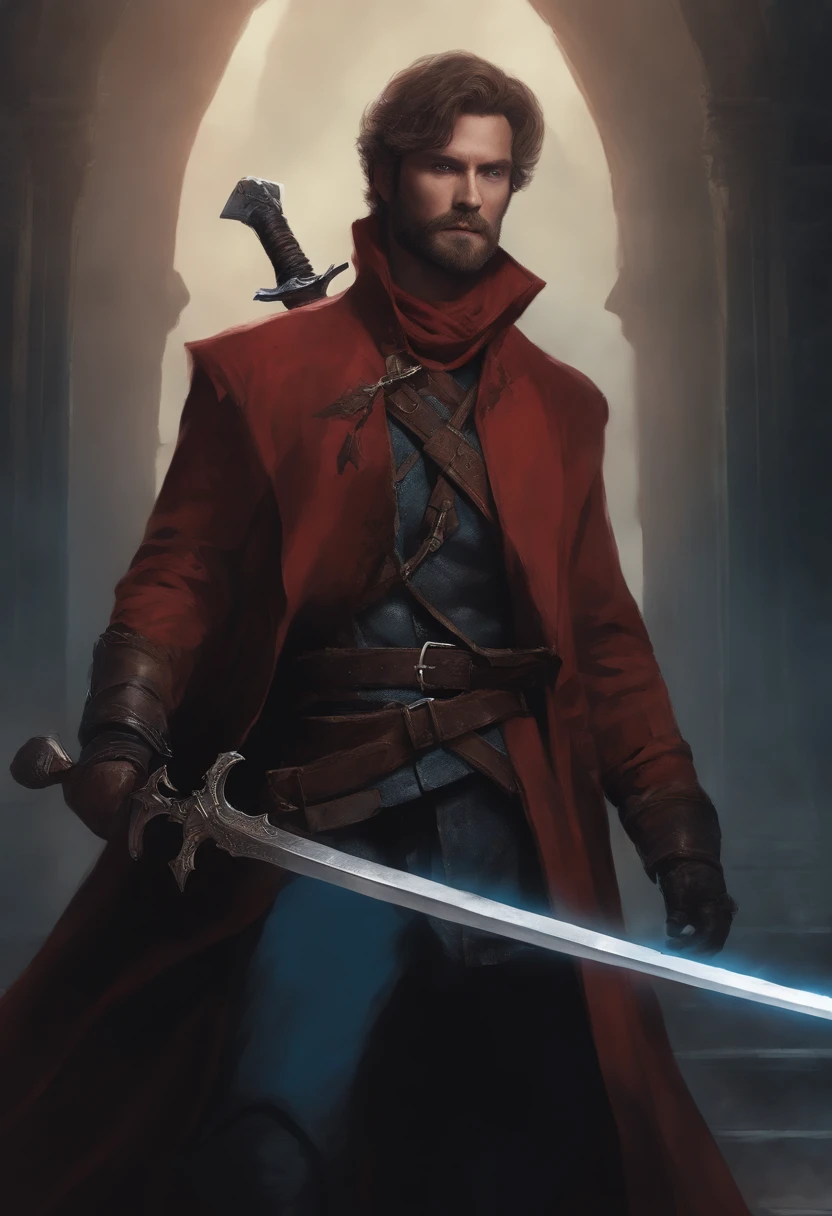 red-short-haired man, with one blue eye and the other eye closed with a scar, he has faded beard, he wears a long red jacket, like a Bloodborne hunter, on his back he carries a greatsword, he has a prosthetic left arm like Guts, He is facing creatures of the night like a vampire hunter, 80s anime still, retro fashion, dungeon and dragons character dark fantasy digital art muted pastel colors, muted retro colors, CRT tv display by Tsukasa Hojo and Toshihiro Kawamoto -