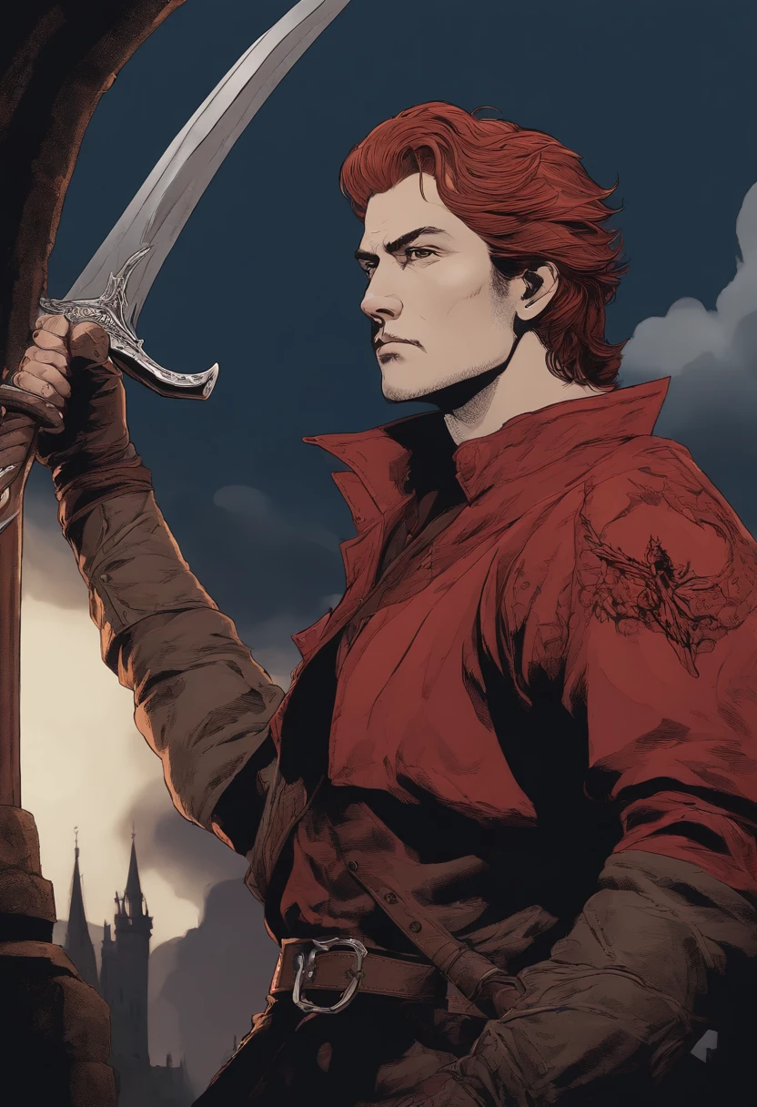 red-short-haired man, with one blue eye and the other eye closed with a scar, he has faded beard, he wears a long red jacket, like a Bloodborne hunter, on his back he carries a greatsword, he has a prosthetic left arm like Guts, He is facing creatures of the night like a vampire hunter, 80s anime still, retro fashion, dungeon and dragons character dark fantasy digital art muted pastel colors, muted retro colors, CRT tv display by Tsukasa Hojo and Toshihiro Kawamoto -